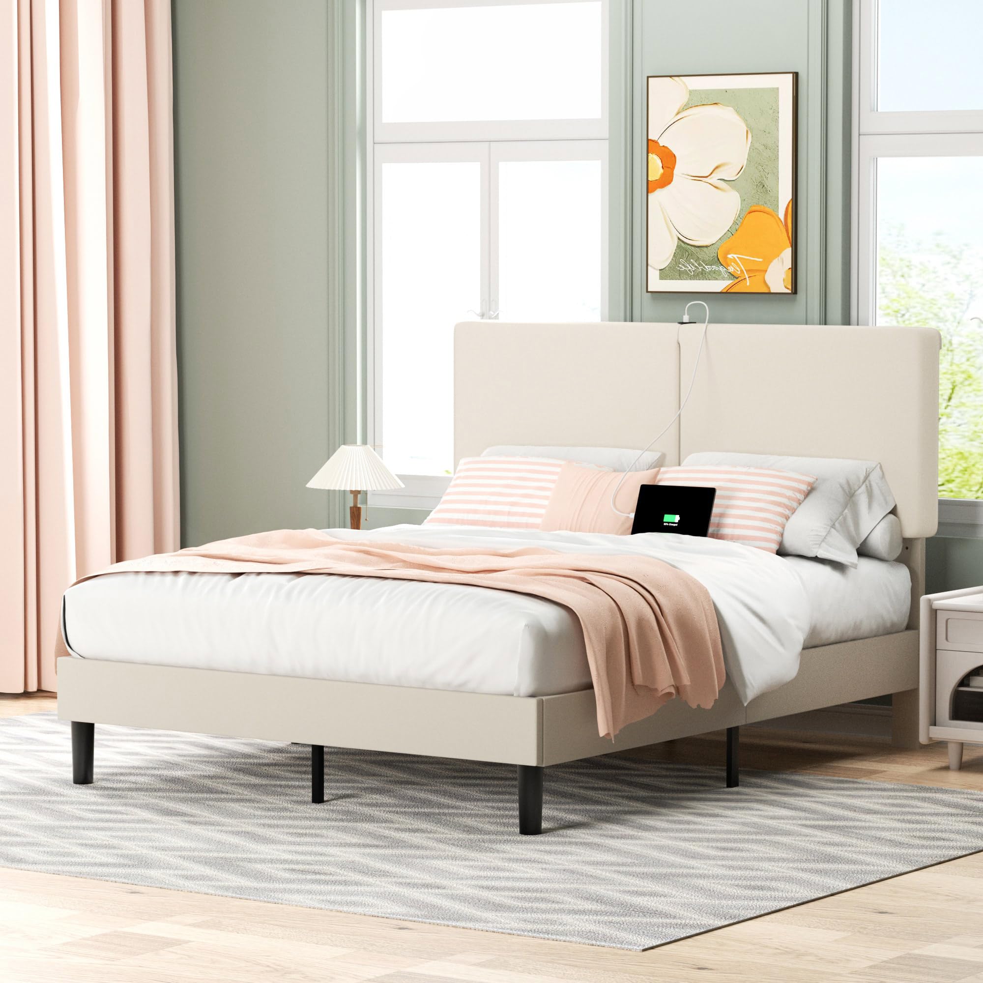 Full Bed Frame with Type-C & USB Ports, Upholstered Platform Height-Adjustable