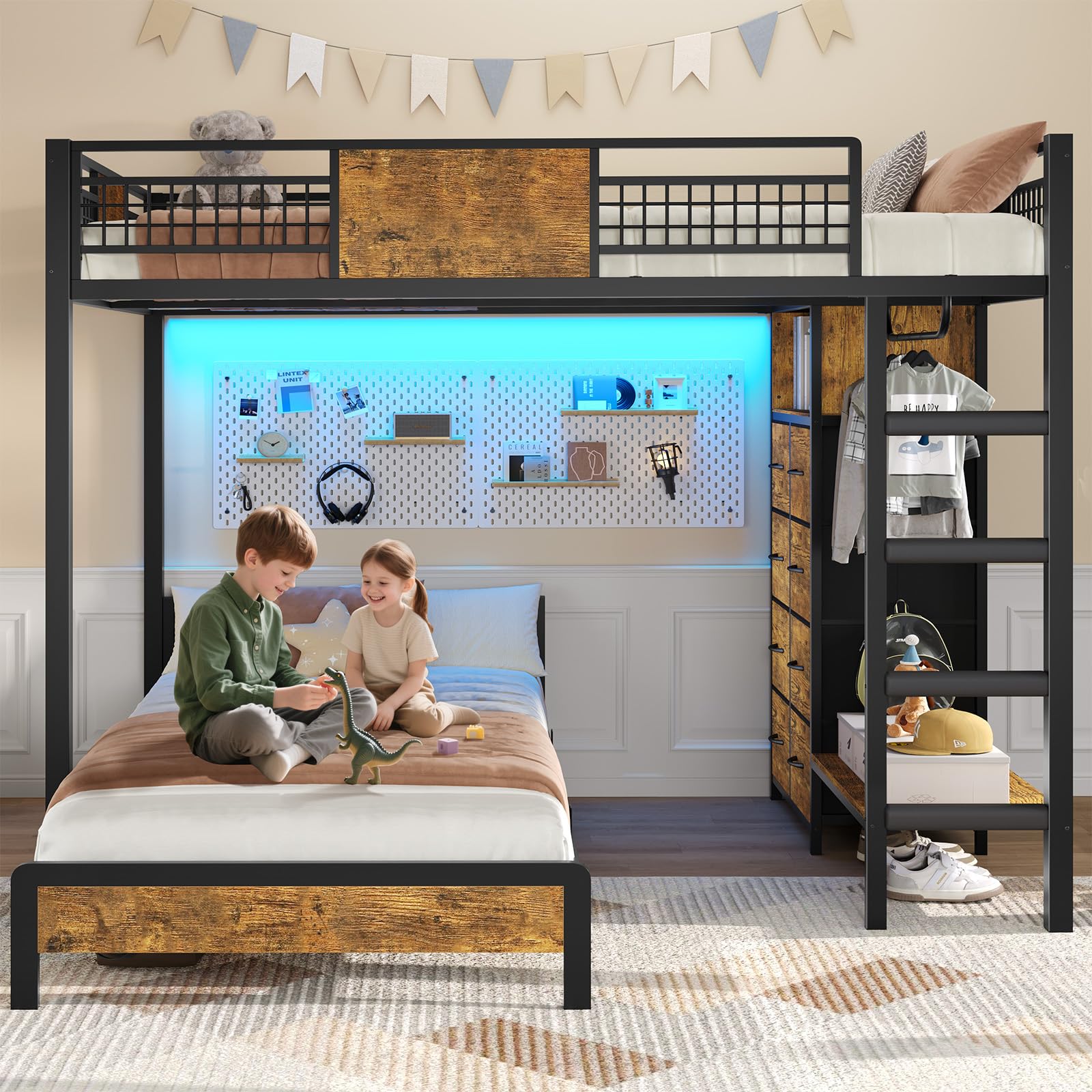 Full Over Twin Bunk Bed with 8 Storage Drawers, Metal Loft Bed with Led Lights