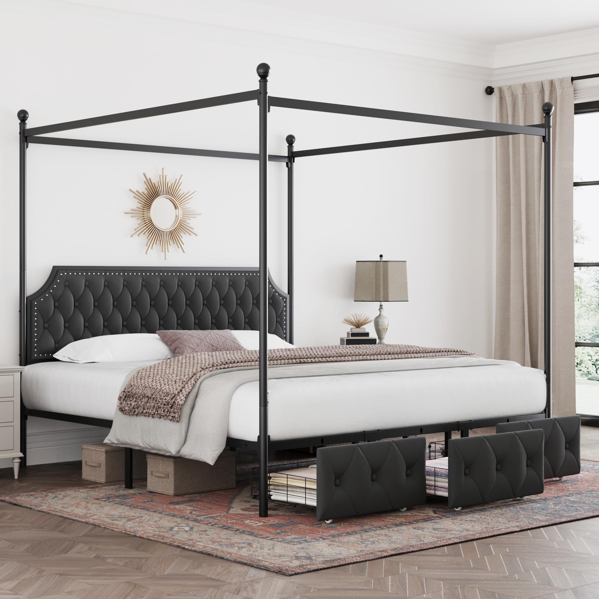 King Upholstered Canopy Bed Frame with 3 Drawers and Button Tufted Headboard