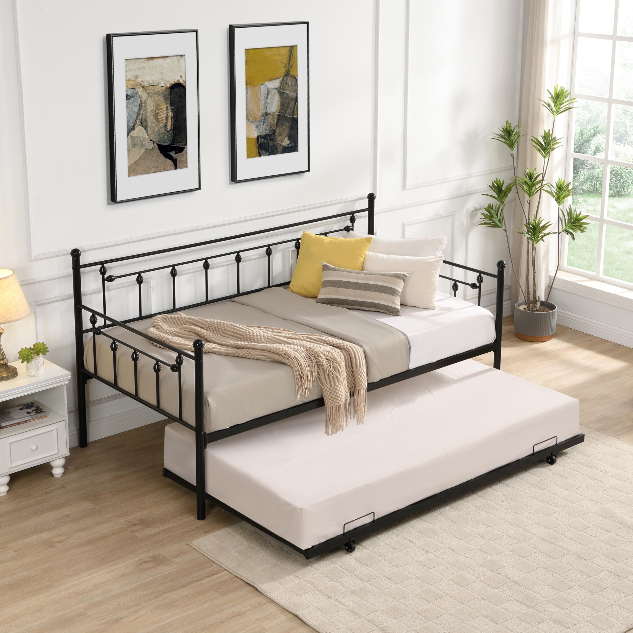 Size Daybed with Trundle, Modern 2 in 1 Sofa Metal Bed Frame, Pull-Out Trundle