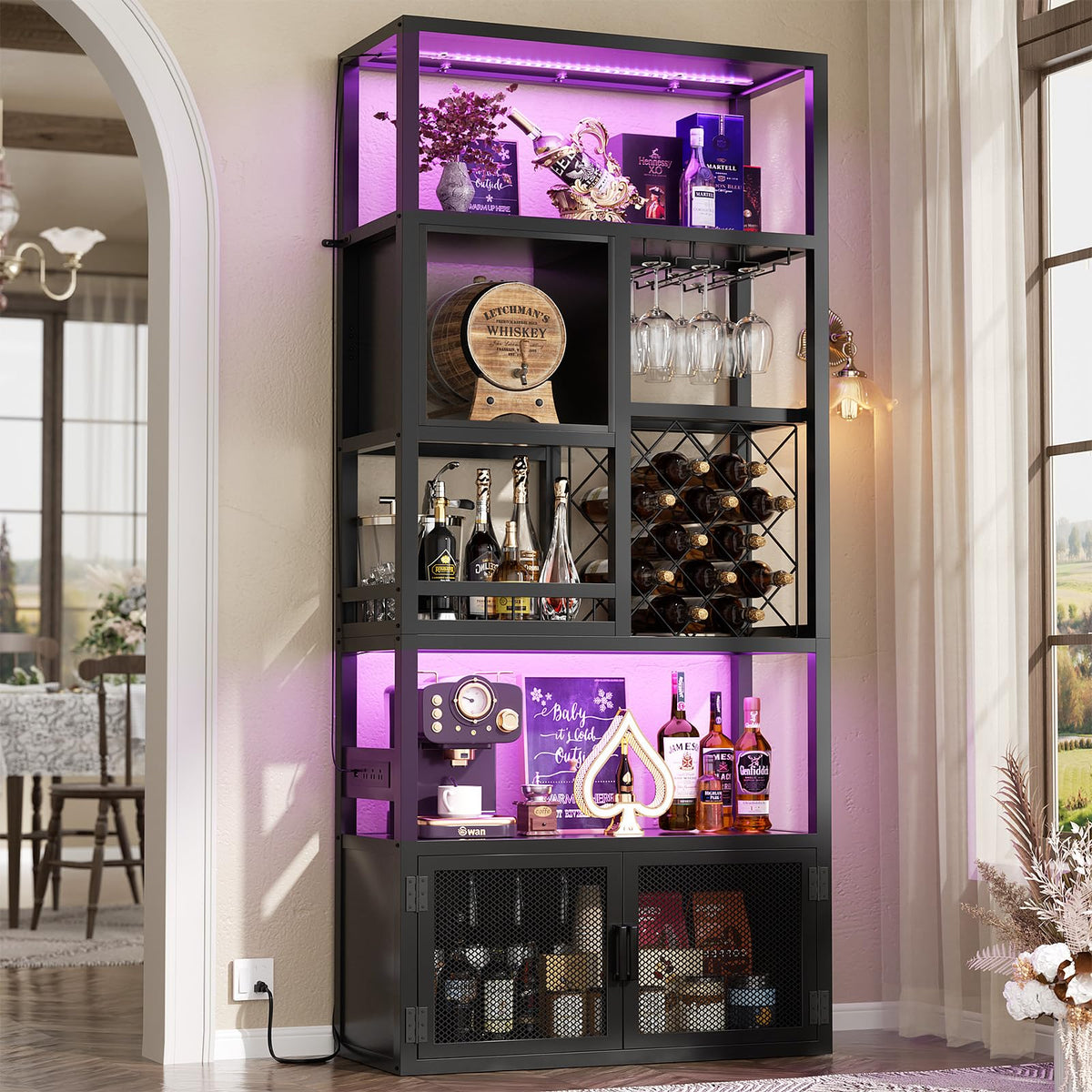 82.6" Tall Bar Cabinet with Power Outlets & LED Lights