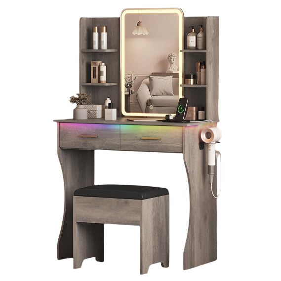 LED Lights Mirror & Power Outlet, Small Makeup Vanity Table Set with Storage