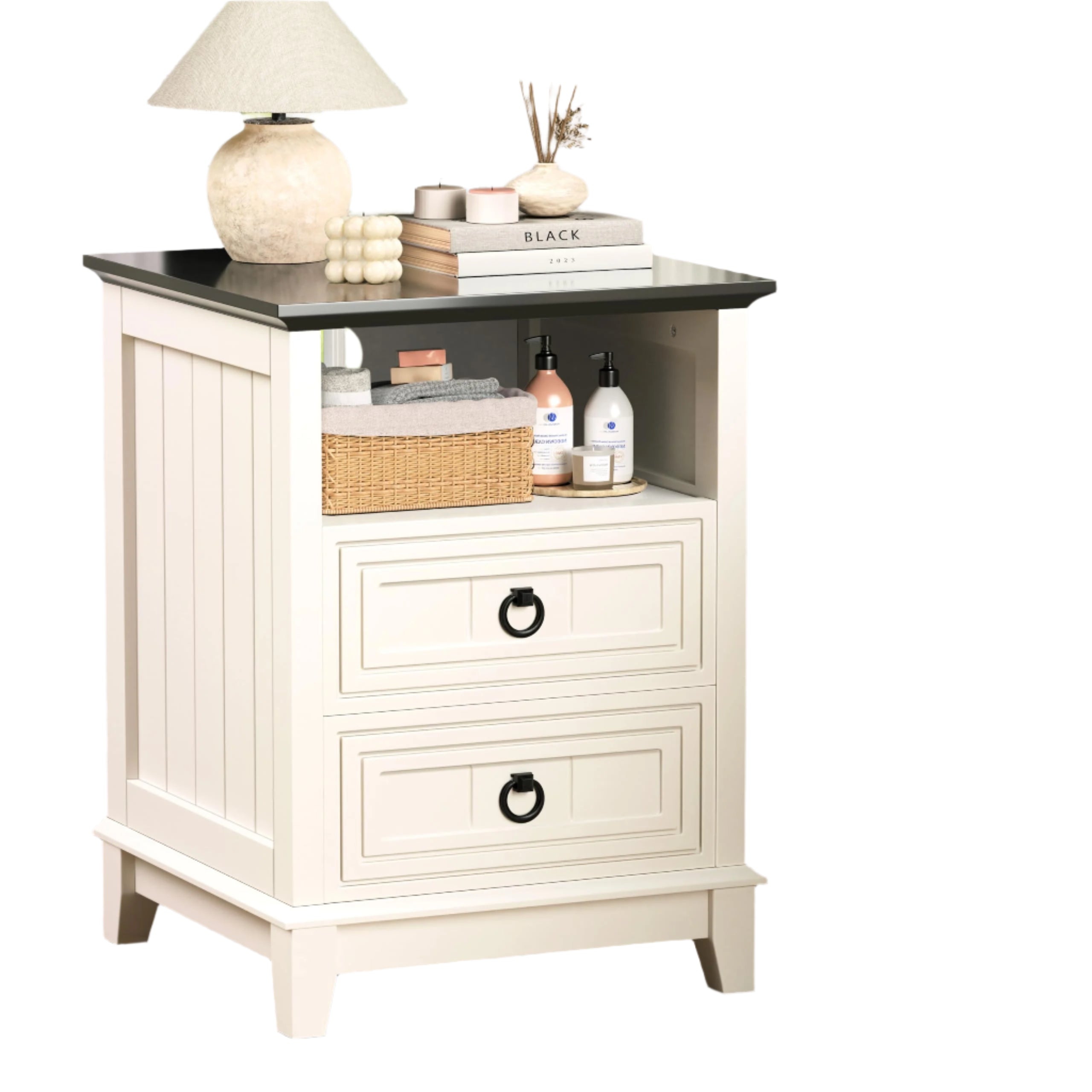Farmhouse Nightstand, 24" Wooden Couch Side Table with 2 Drawers & Open Shelf