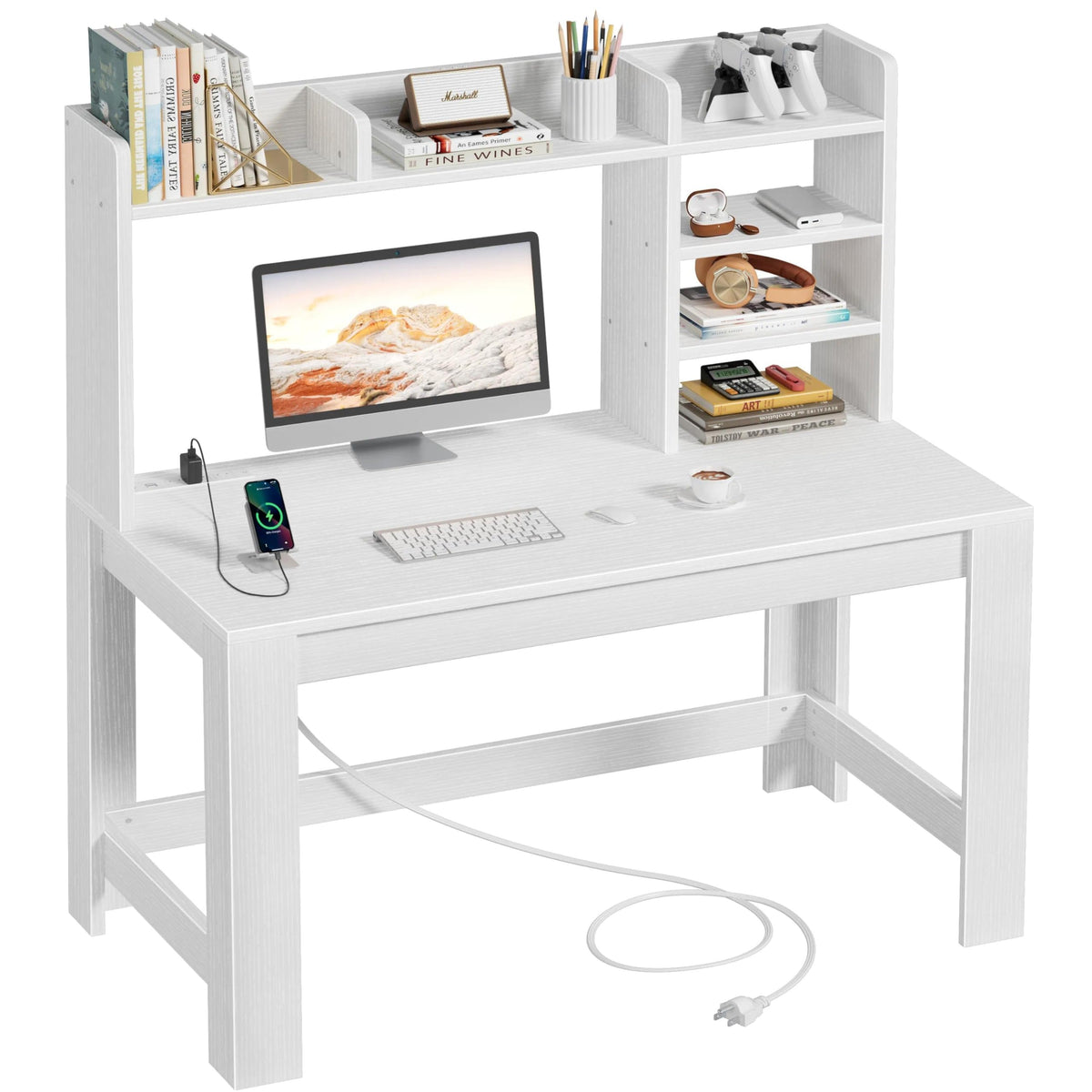 43" Writing Desk with Hutch, 3-Tier Shelves & Built-In Power Outlet
