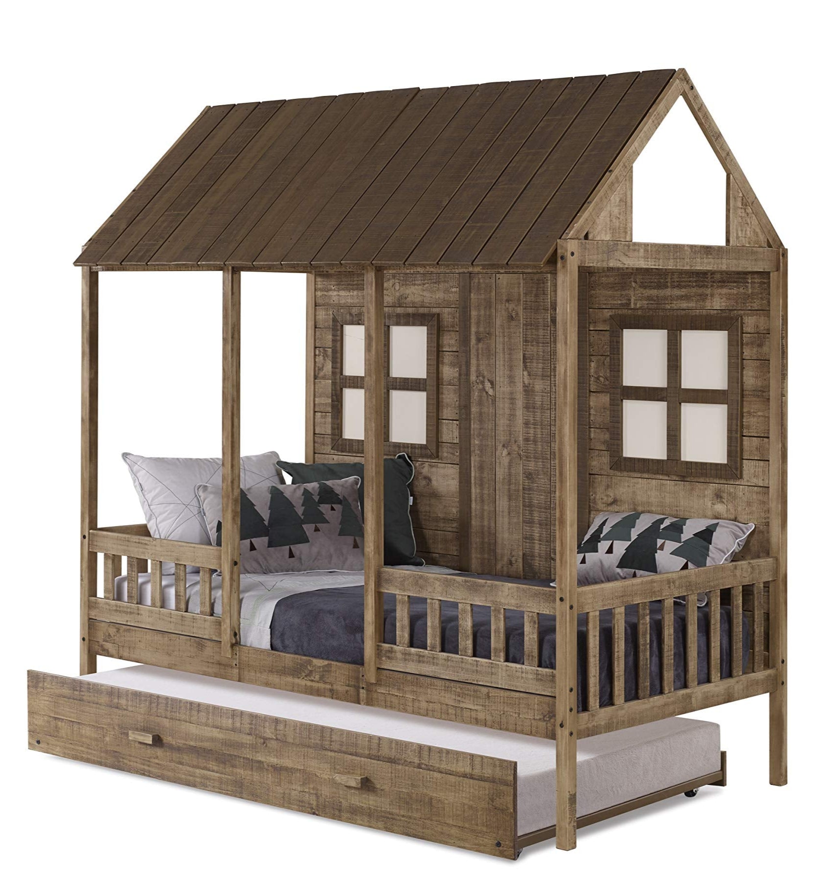 Twin Front Porch Low Loft w/Twin Trundle Bed, Rustic Driftwood