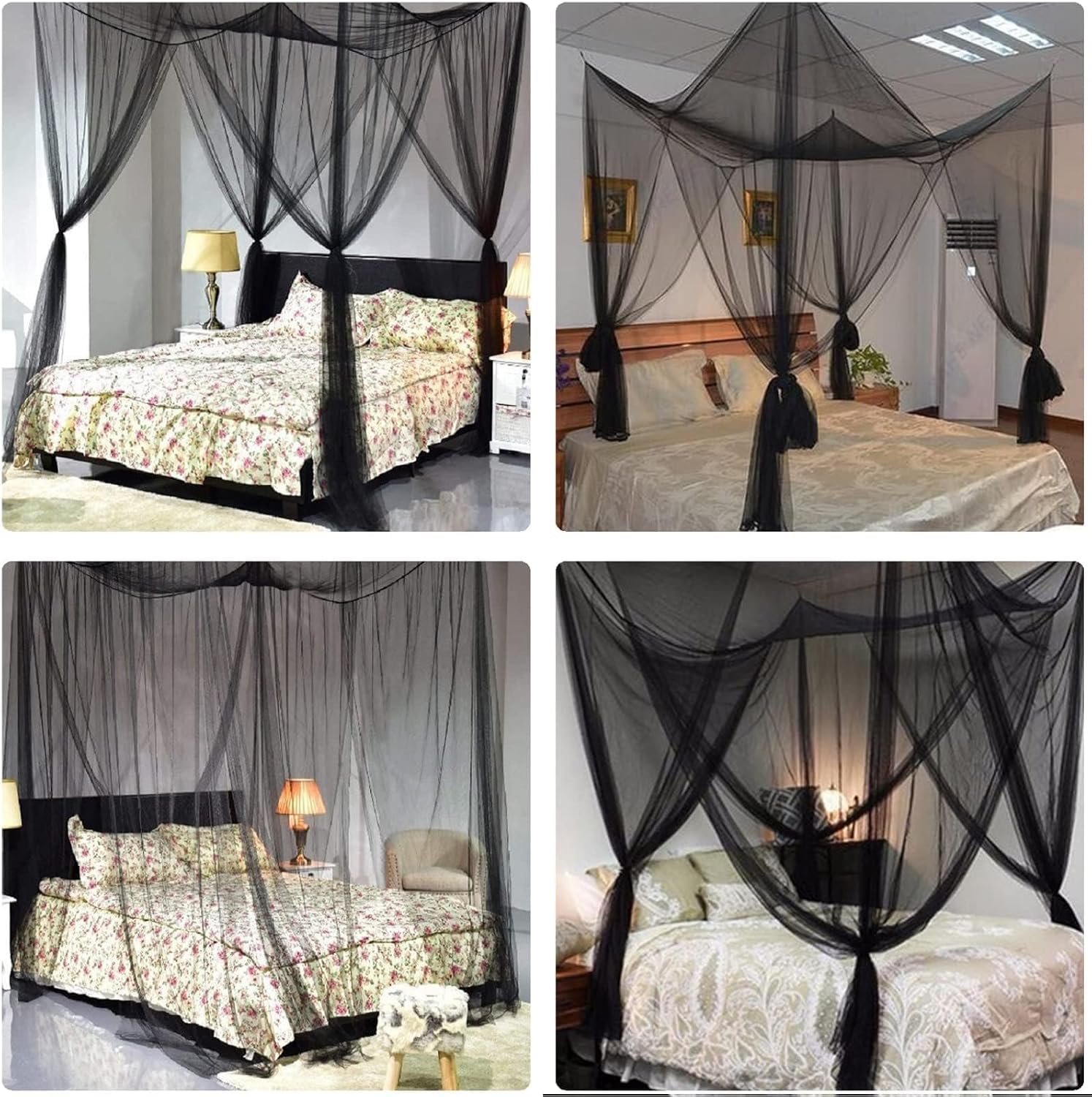 Mosquito Net Bed Canopy for Double Bed, Black Netting Four Corner Post Curtains