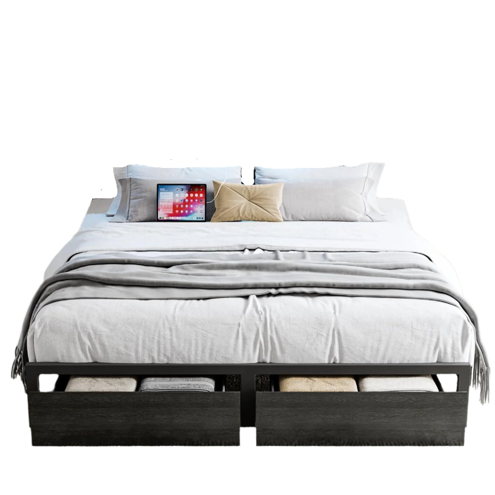 Size Black Bed Frame with 4 Storage, Upholstered Velvet Platform Bed Frames