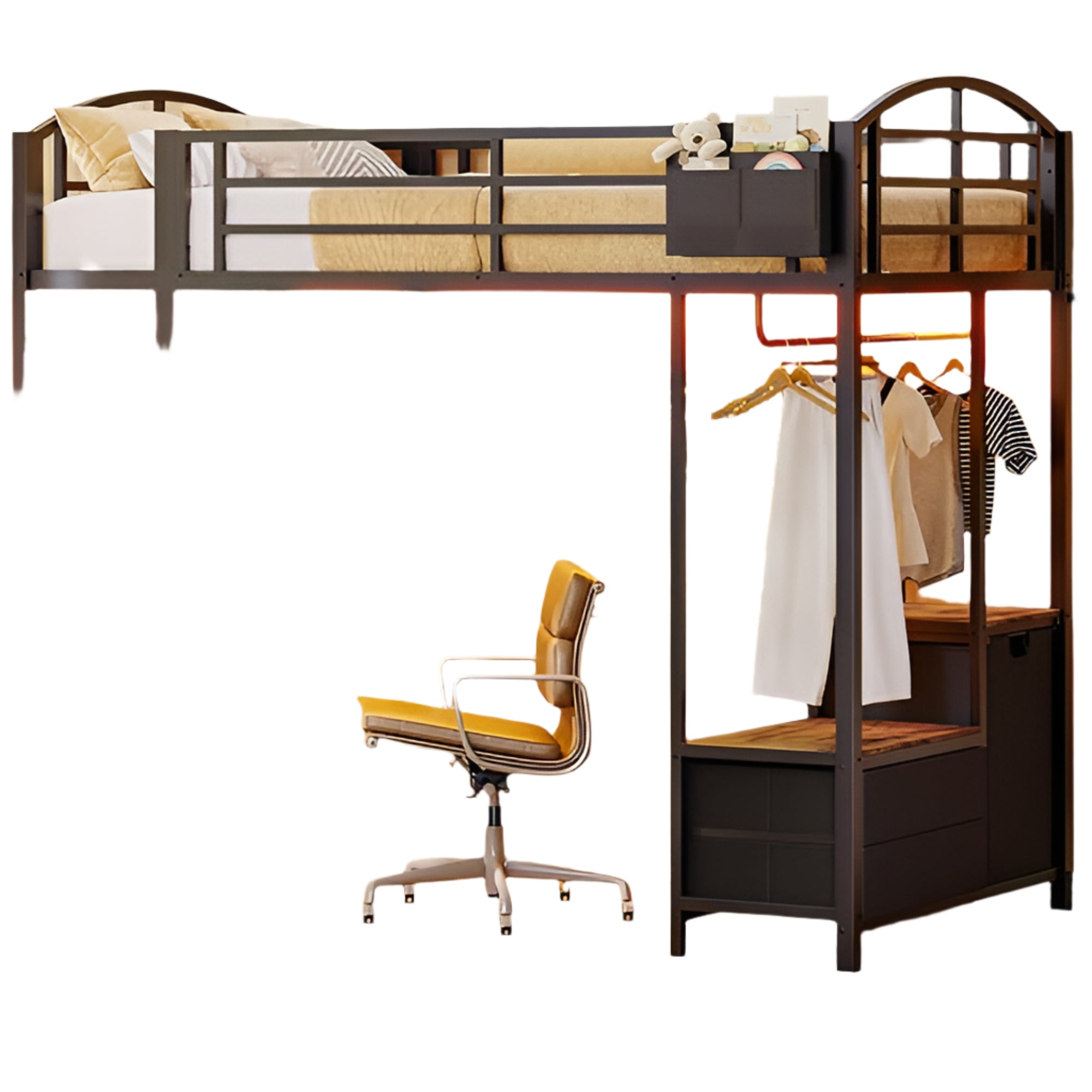 Metal Loft Bed with Desk & 2 Built-in Ladders,Safety Guard Rail