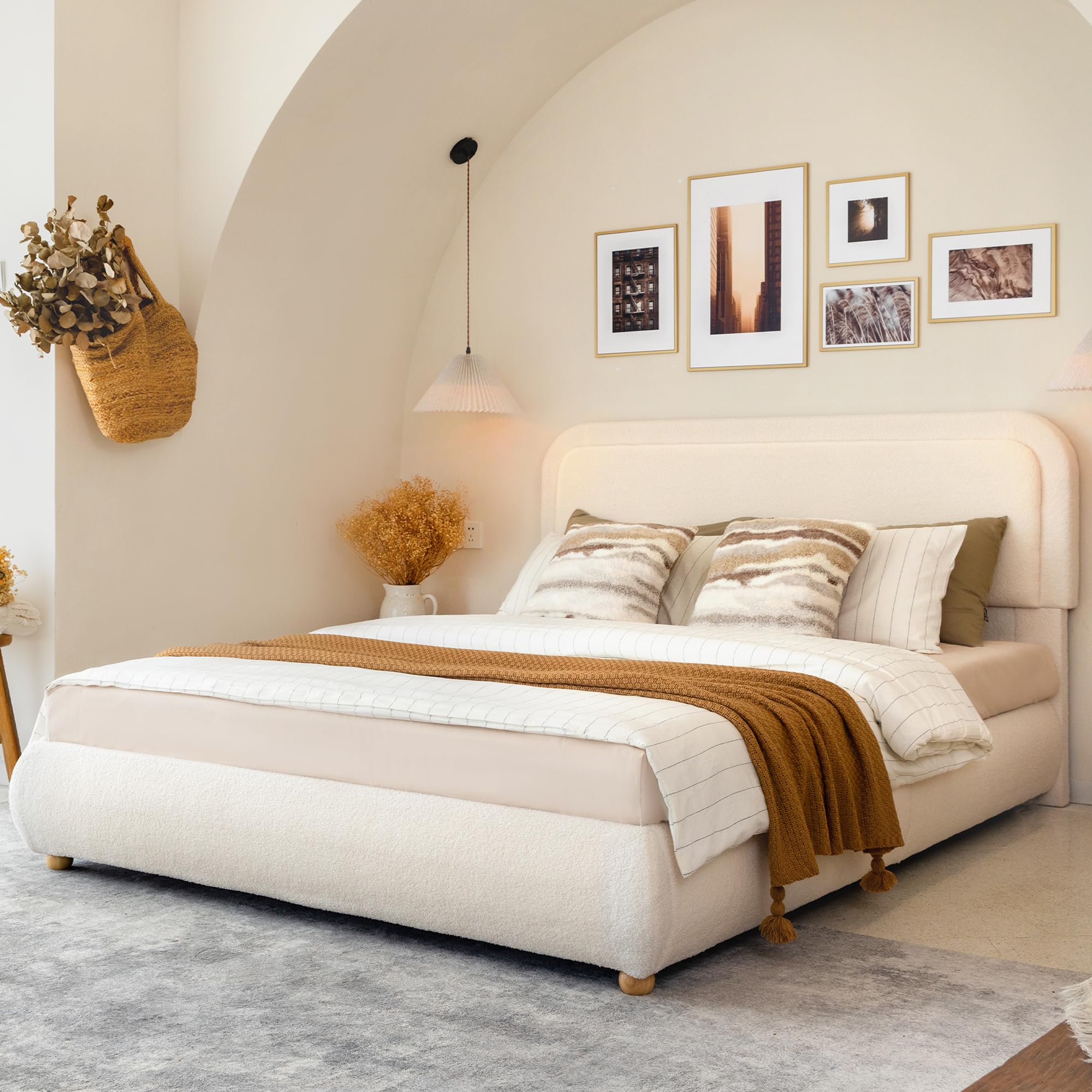 Boucle Cloud Full Bed Frame with Round Corner Headboard, Upholstered