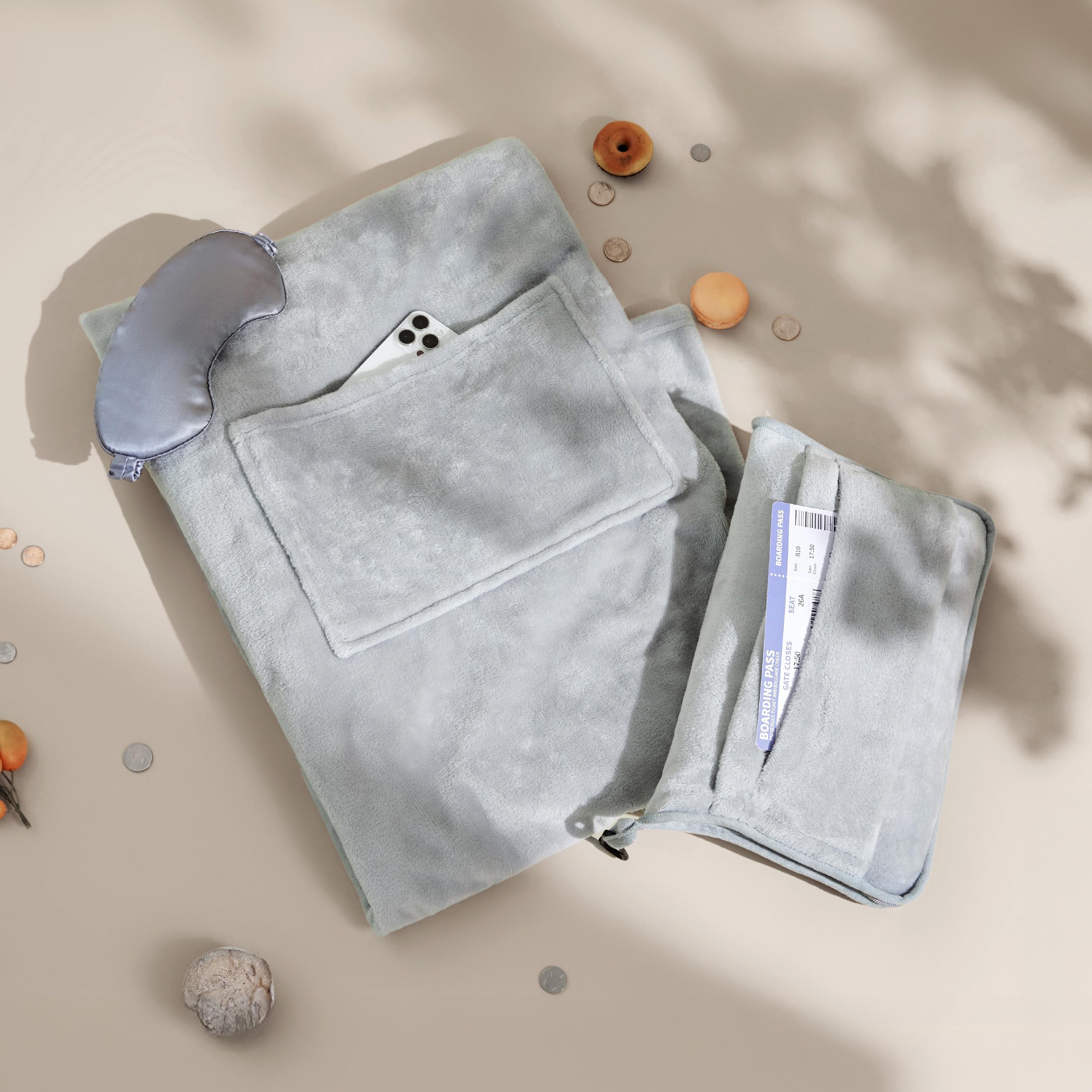 Travel Blanket Airplane Compact with Storage Bag, Packable Blanket with Eye Mask