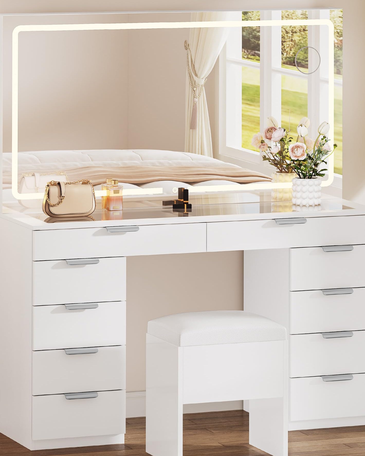Vanity Set, Makeup Vanity Desk with Adjustable LED Mirror, Power Outlets