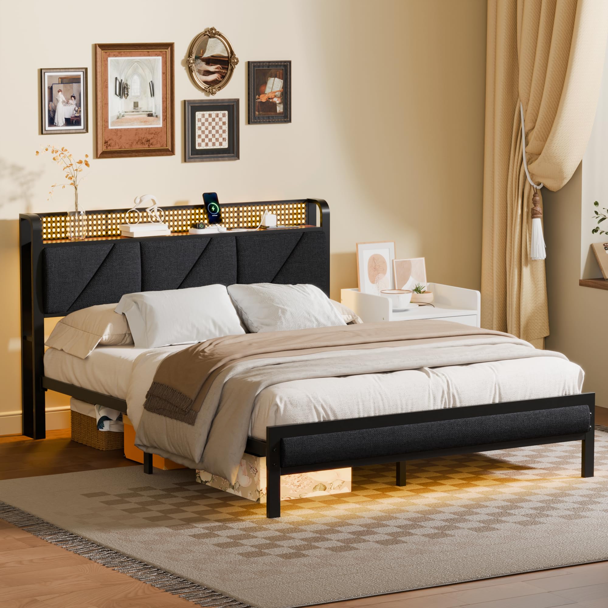 Queen Size Bed Frame with Headboard and LED Lights, Upholstered Bedframe