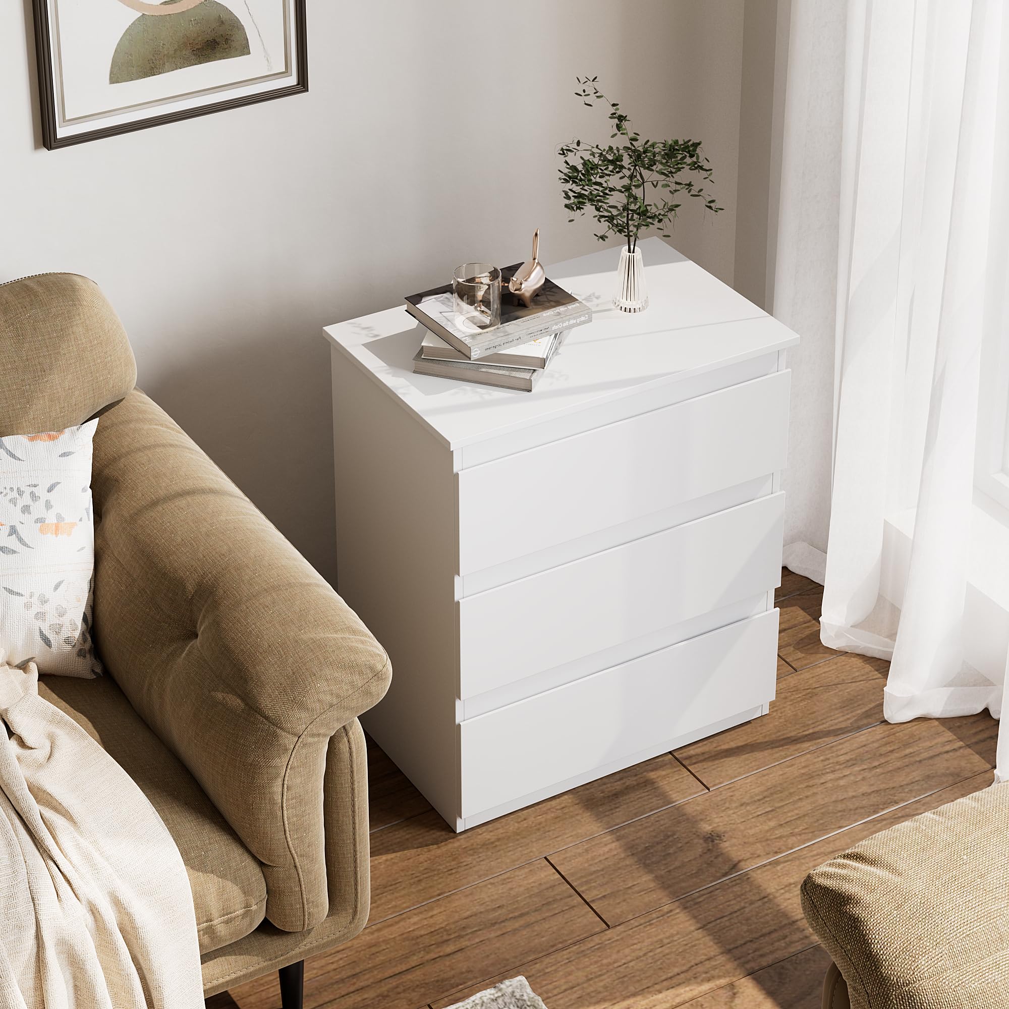 White Nightstand with 3 Drawers, Beside Table with Drawers for Bedroom
