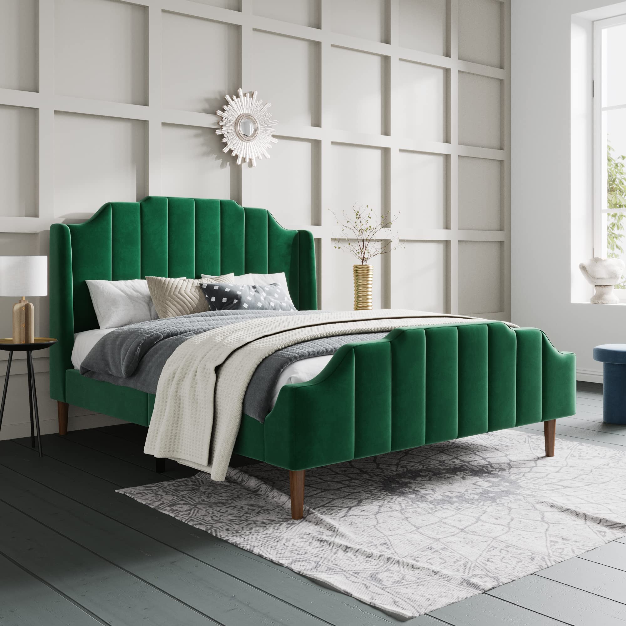 Wood Queen Size Bed Frame with Modern Curved Velvet Wingback