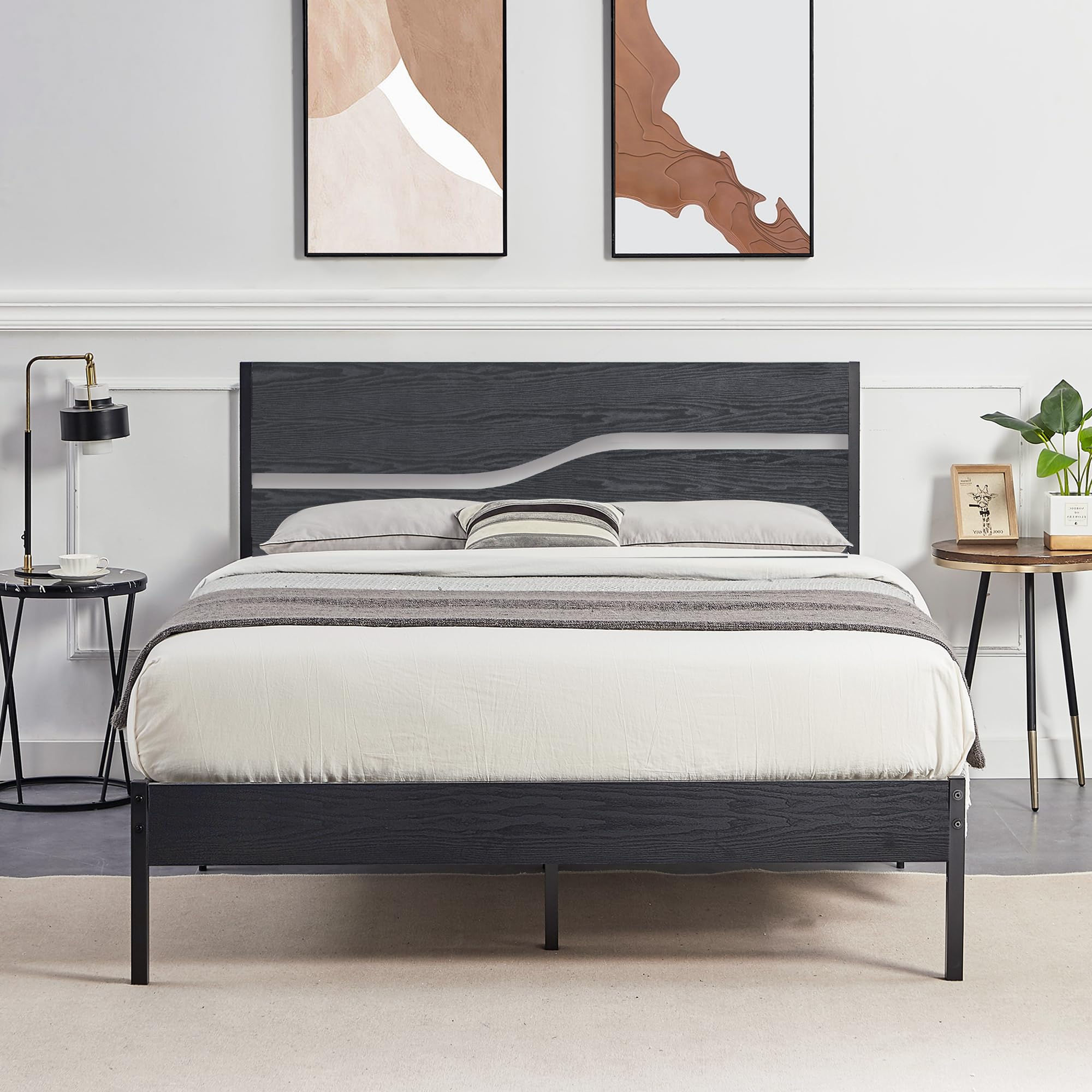 Full Size Platform Bed Frame with Wood Headboard, Strong Metal Slats Support Mattress