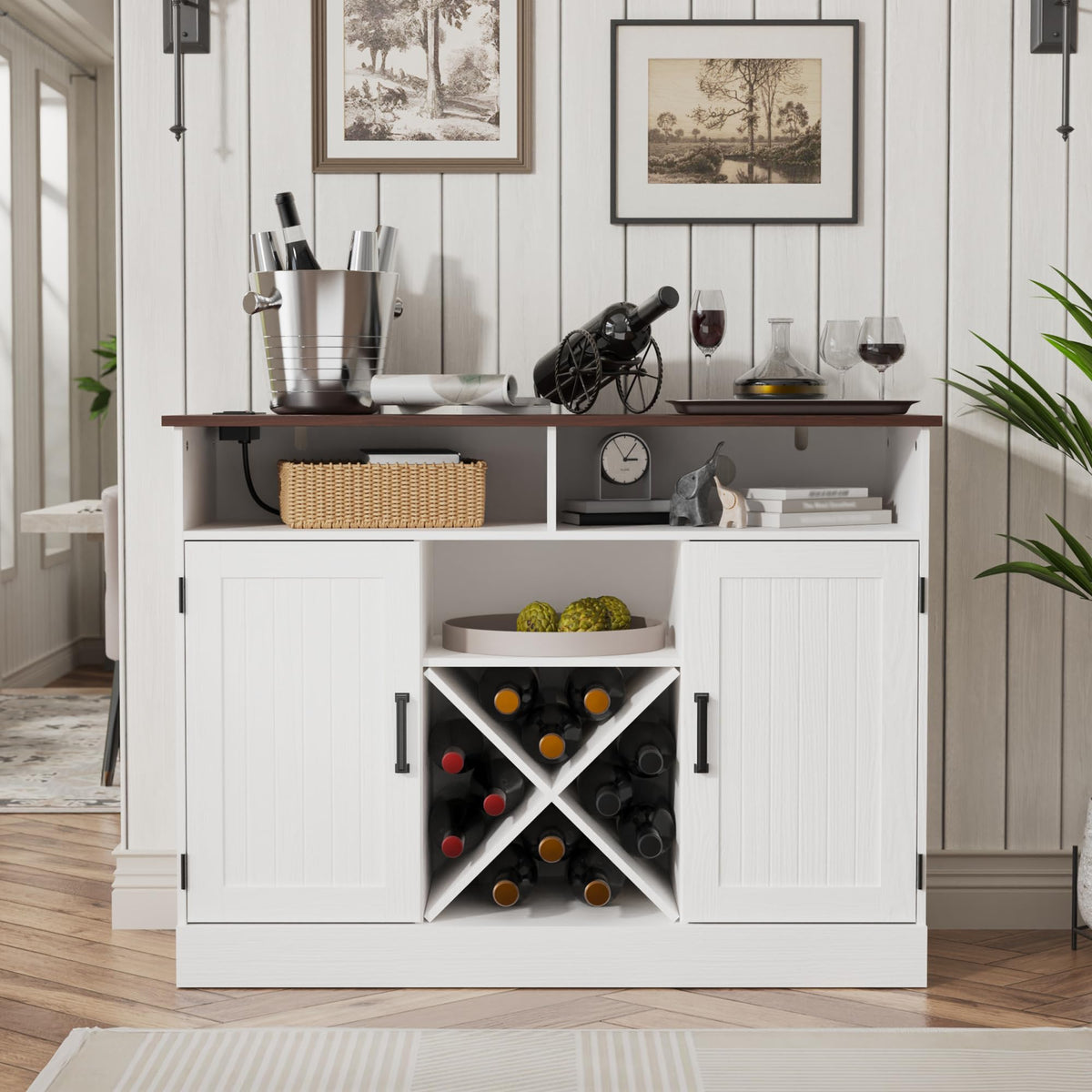 Farmhouse Coffee Bar Cabinet with Power Outlets and Wine Rack