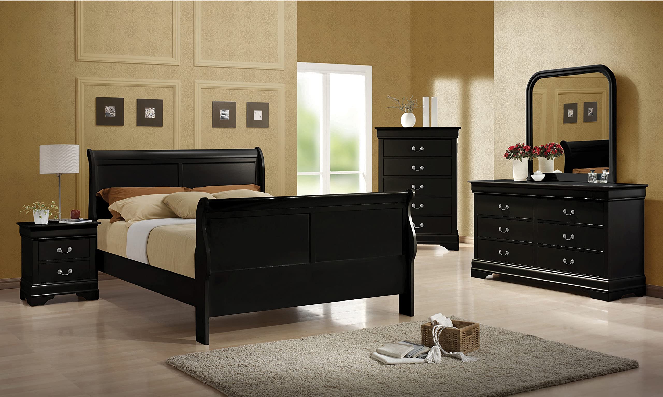 Coaster Furniture Louis Philippe Transitional Wood Queen Size Sleigh Panel Bed Black
