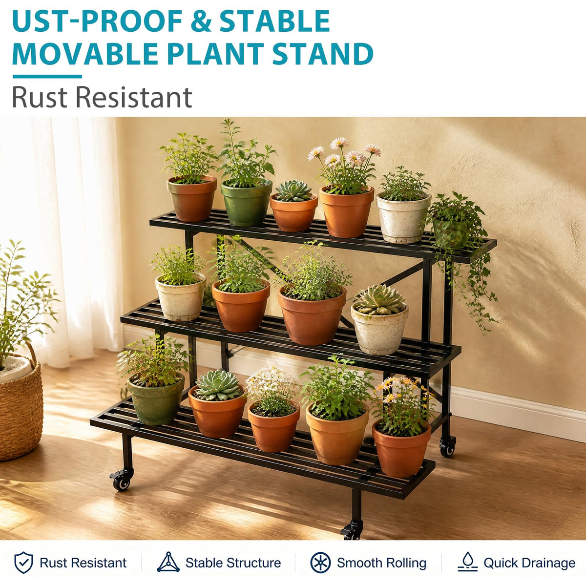 3-Tier Metal Plant Stand with Wheels