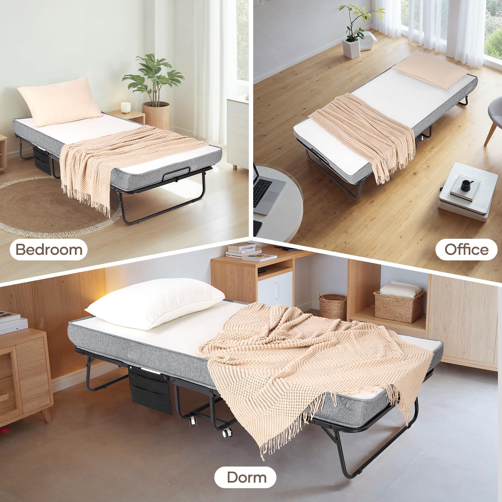 Bed with Mattress, Foldable Portable Bed with 75” x 38" Twin Size Frame