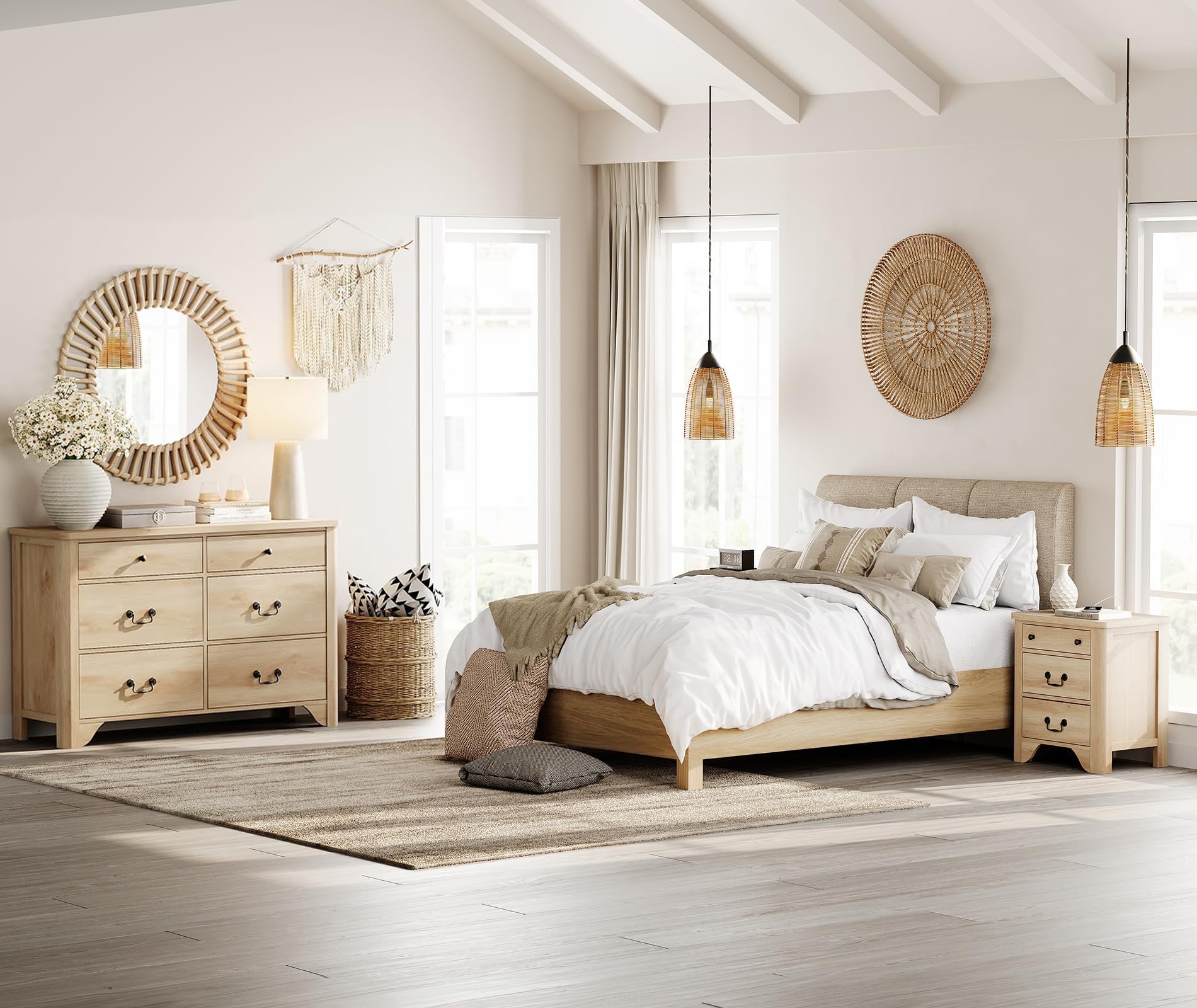 3 Piece Farmhouse Dresser and Night Stand Sets, 6 Drawer Dresser and Nightstands Set