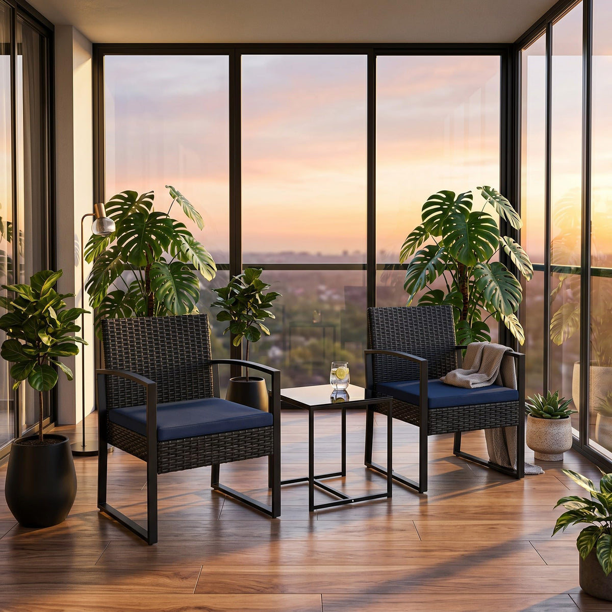 3-Piece PE Rattan Patio Bistro Set with Tempered Glass Table