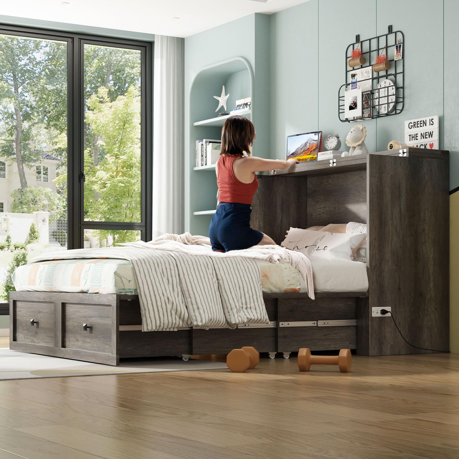 Full Murphy Bed with Storage & Charging Station, Farmhouse Murphy Cabinet