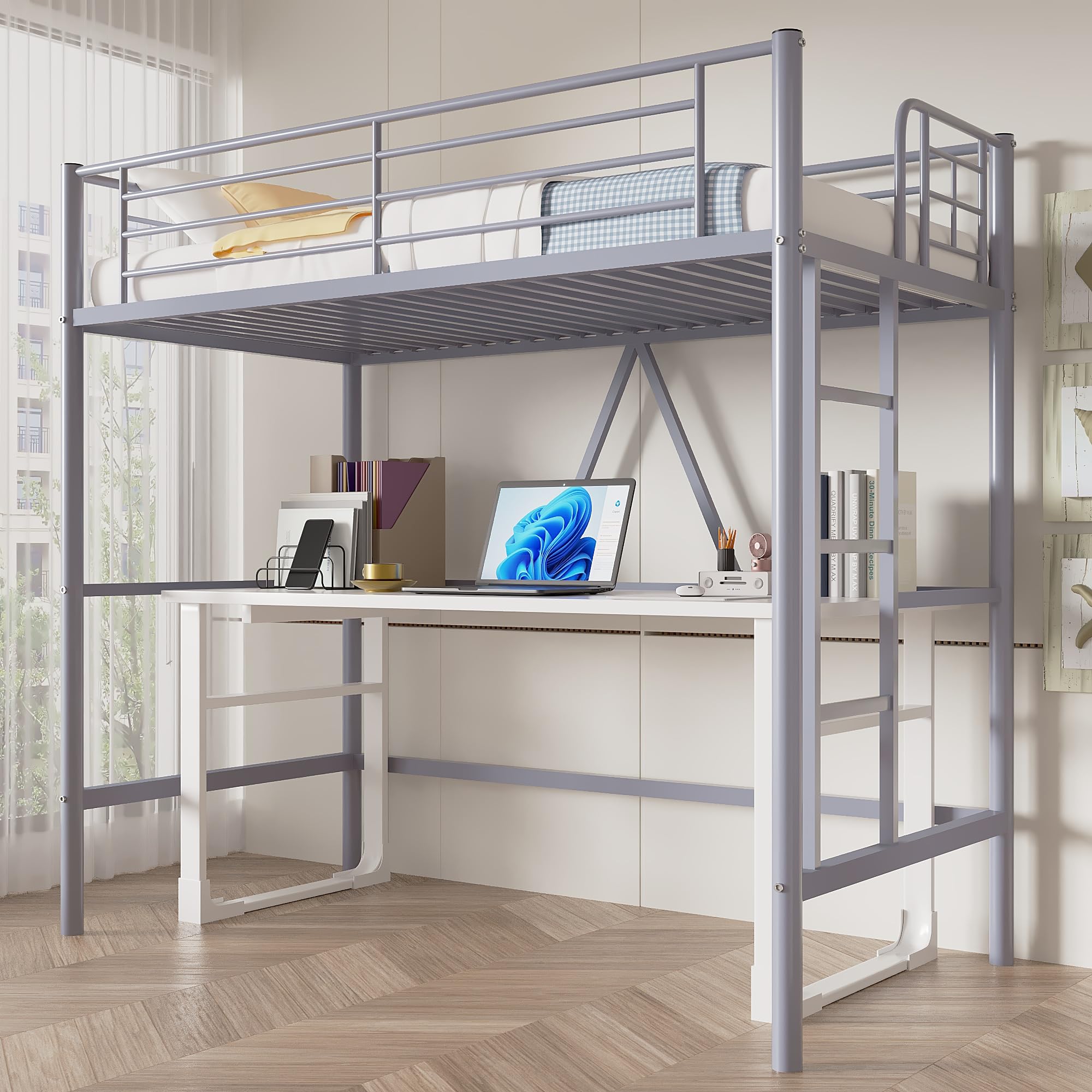 Bed Twin Size, Metal Bedframe with Removable Ladder and Safety Guardrail