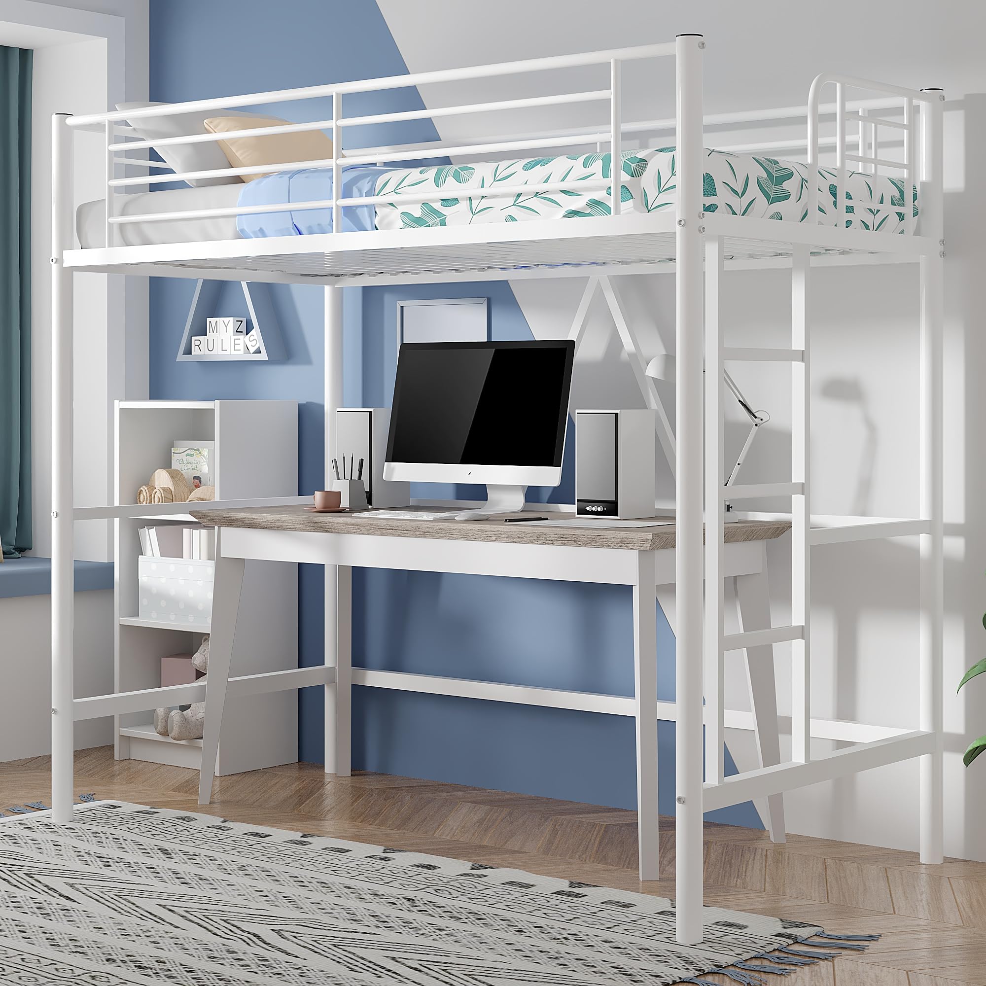 Loft Bed Twin Size, Metal Bedframe with Removable Ladder and Safety