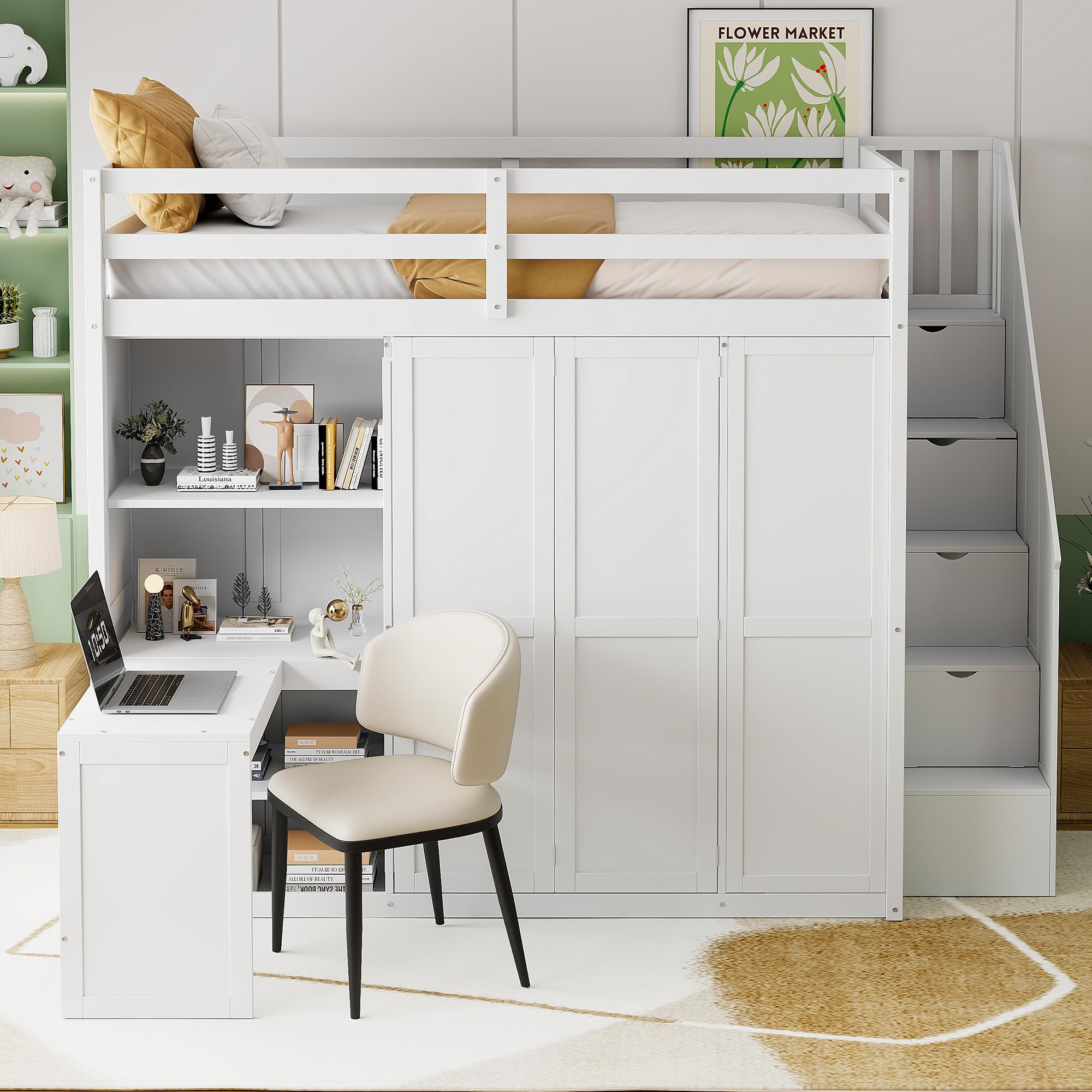 Full Size Loft Bed with Wardrobe and 3 Foldable Shelves