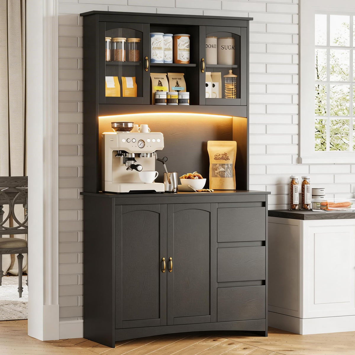 Tall Kitchen Pantry Cabinet with LED Lights & Charging Station
