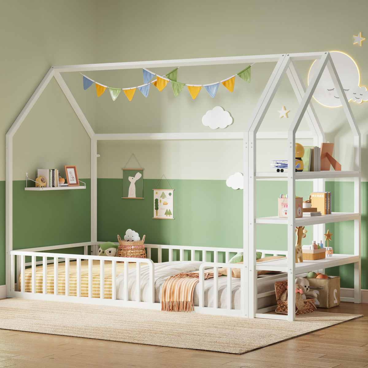 Twin Floor Bed with House Frame & Detachable 3-Tier Shelf