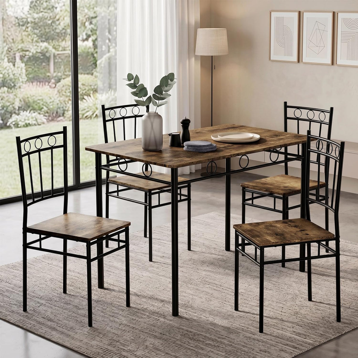 5-Piece Rustic Dining Table Set with 4 Armless Chairs