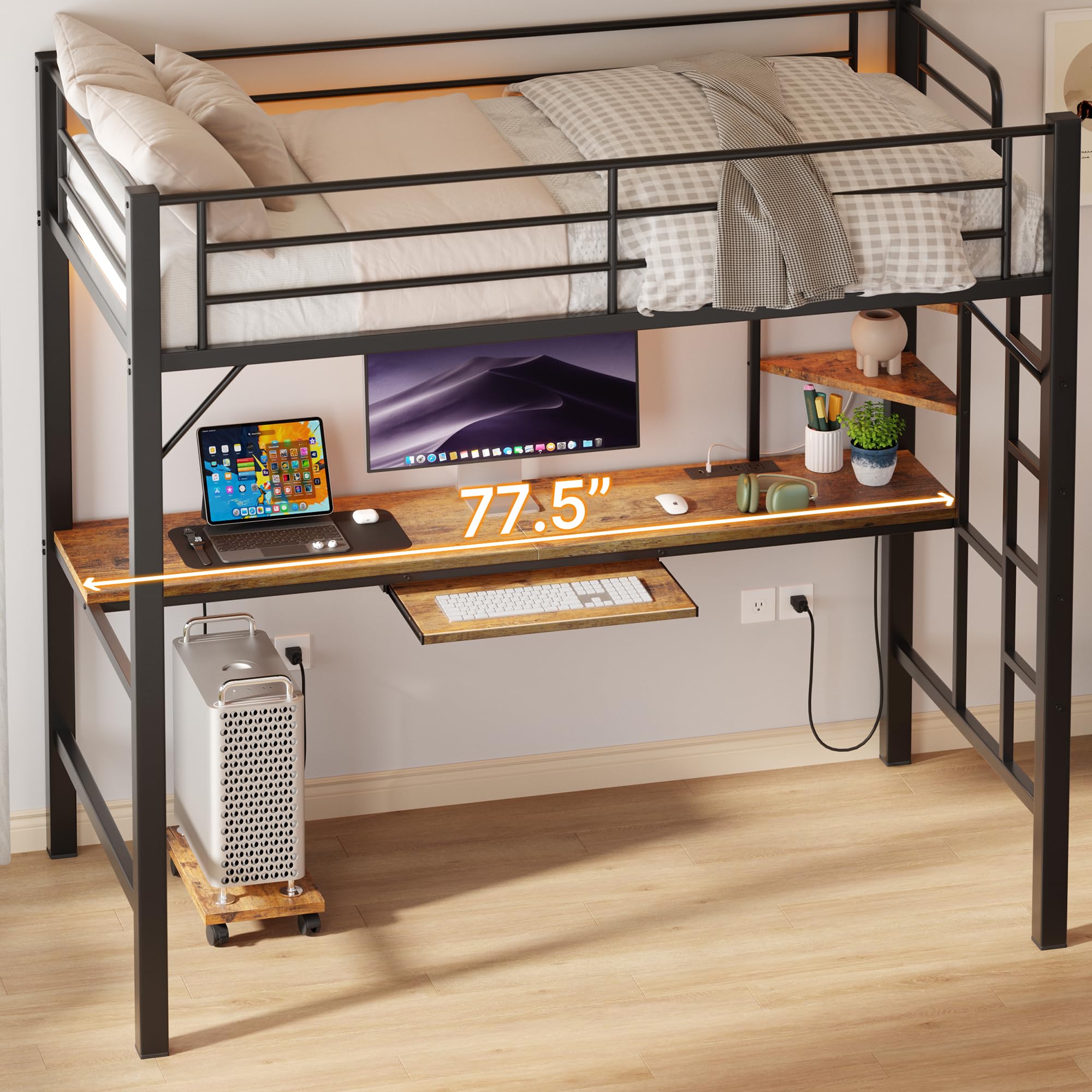 Loft Bed Twin Size, Twin Loft Bed with Desk and LED Lights