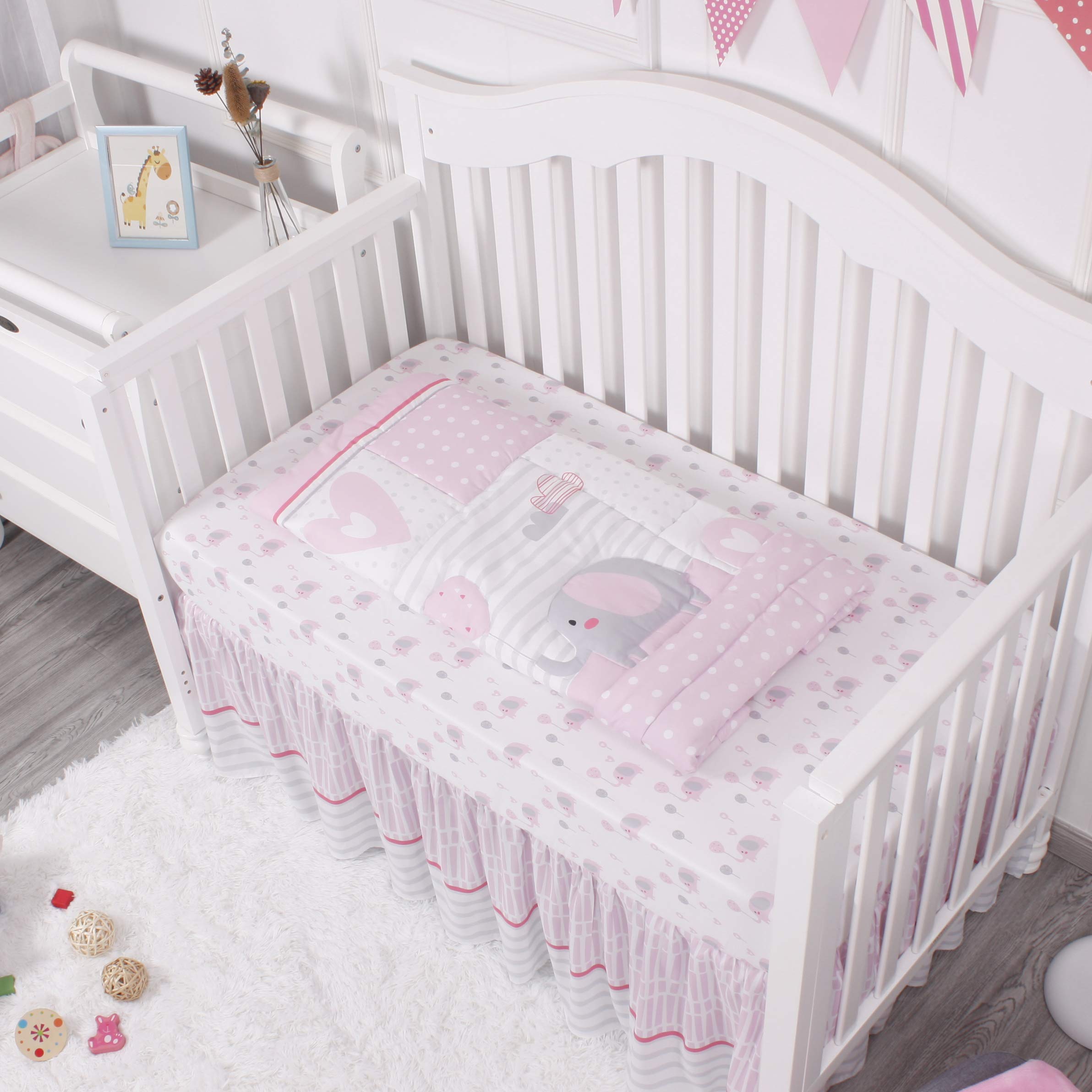 Baby Crib Bedding Set for Girls, Pink Elephant & Love Balloons 3 Piece Standard