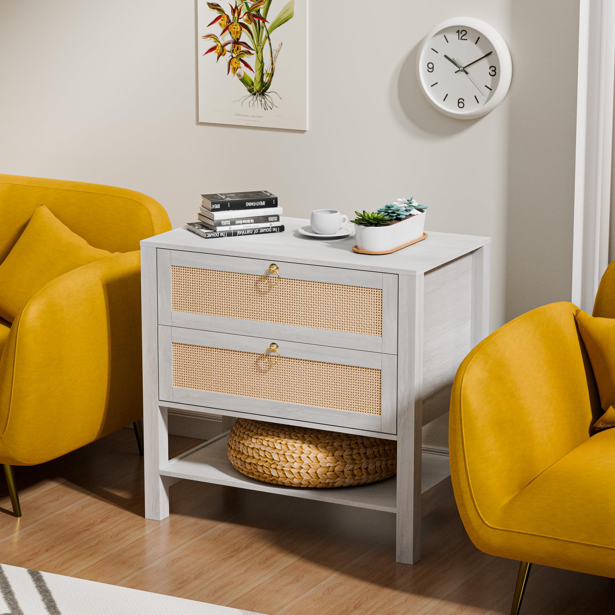 Rattan Nightstand with Drawers, Mid Century Modern Night Stand with Open Storage Shelf
