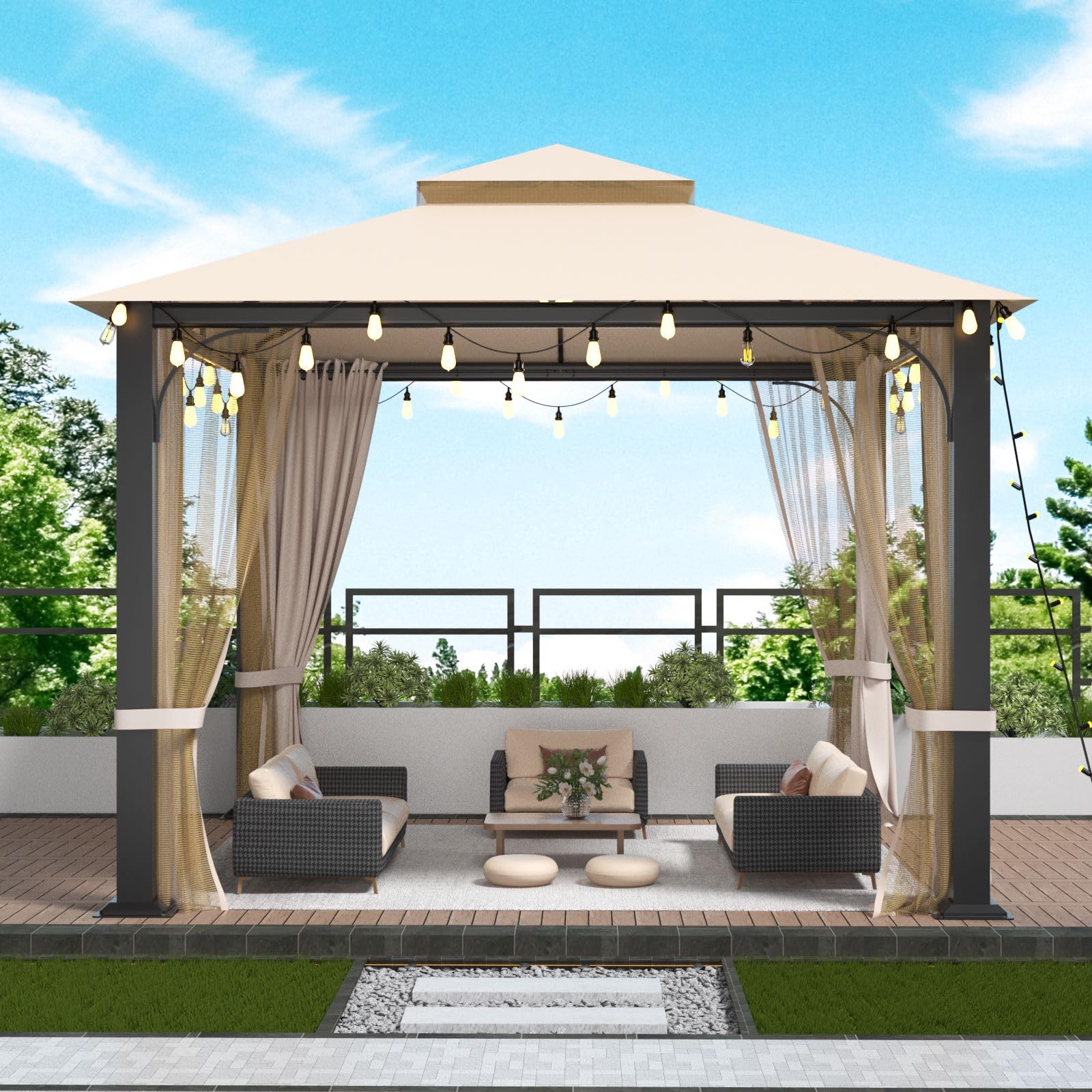10 * 10 FT Softtop Metal Gazebo with Mosquito Net, Sunshade Curtains, and Galvanized Steel Design - Ideal for Gardens, Patio,