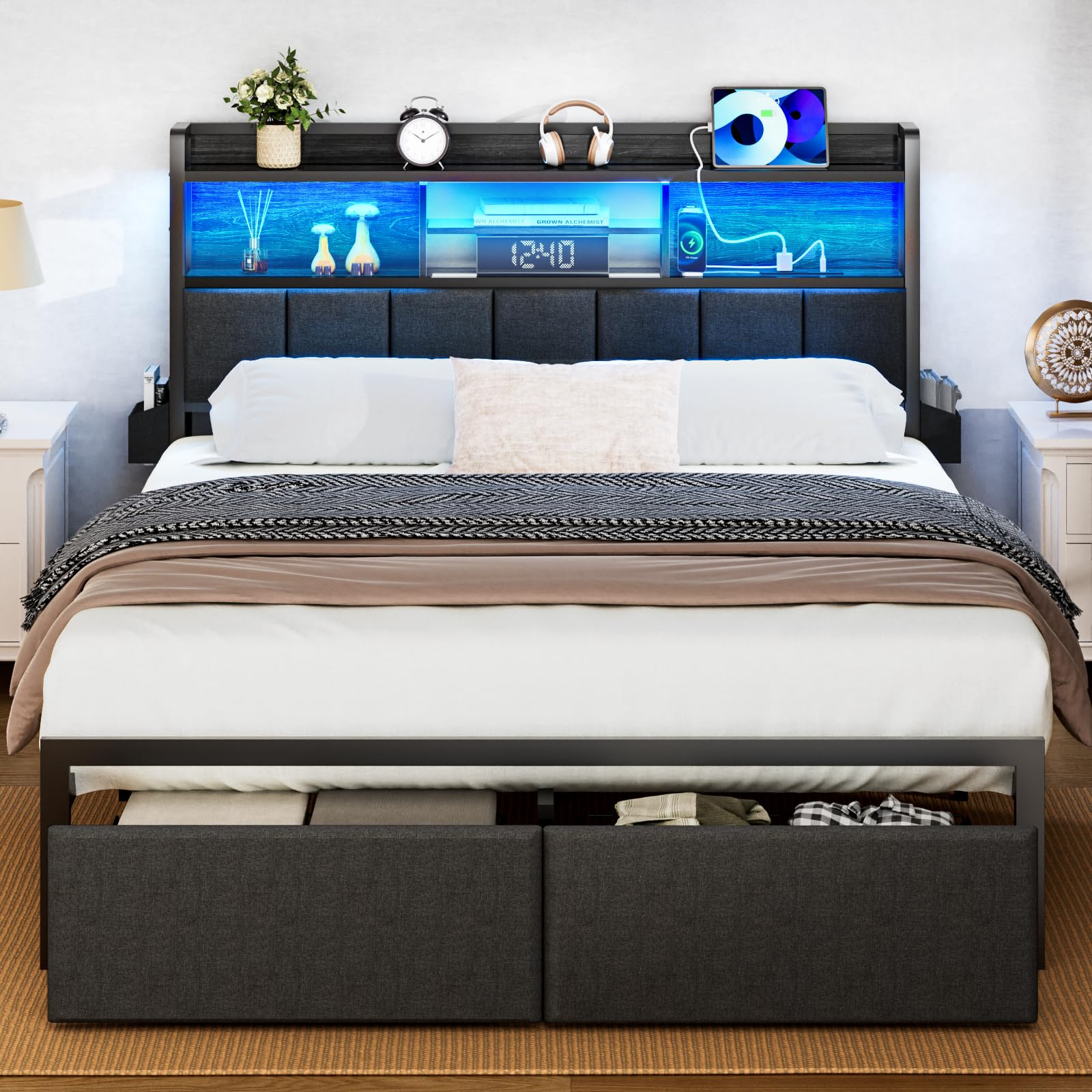 Queen Bed Frame with Storage Drawers, Upholstered Headboard with Storage Shelf