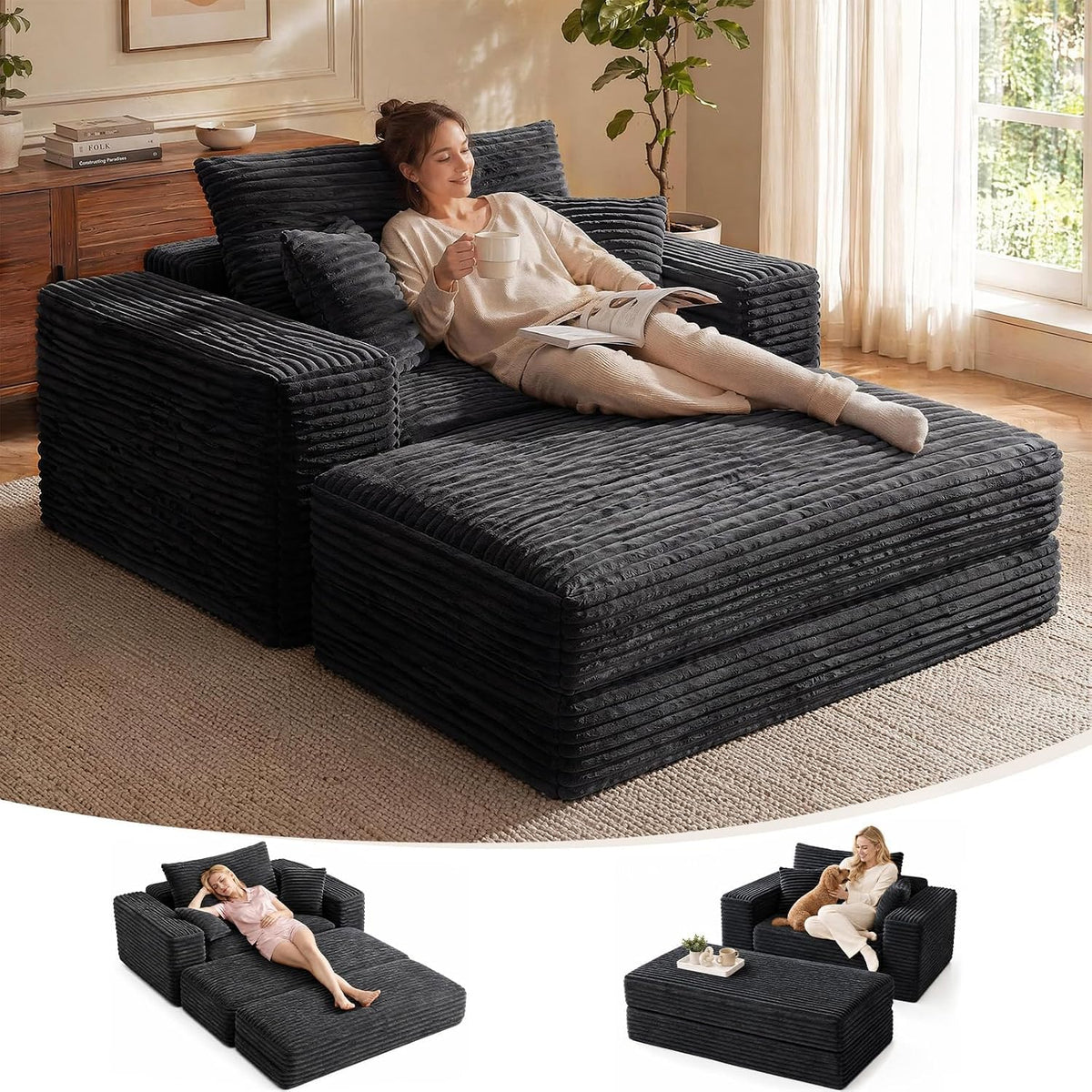 Convertible Chaise Lounge Chair with Ottoman & Sleeper