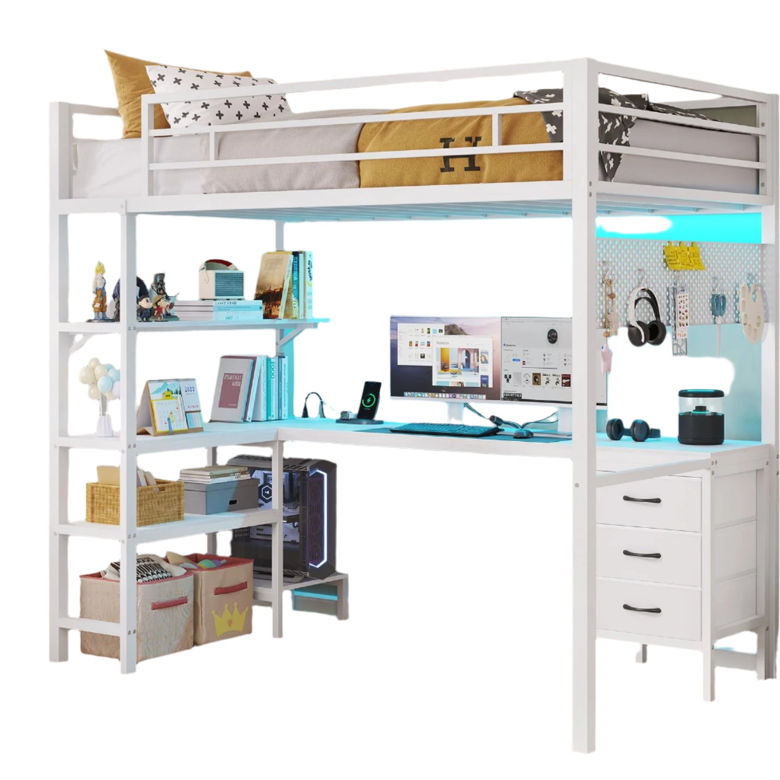 Loft Bed Twin Size with L-Shaped Desk, LED Lights,Charging Station,