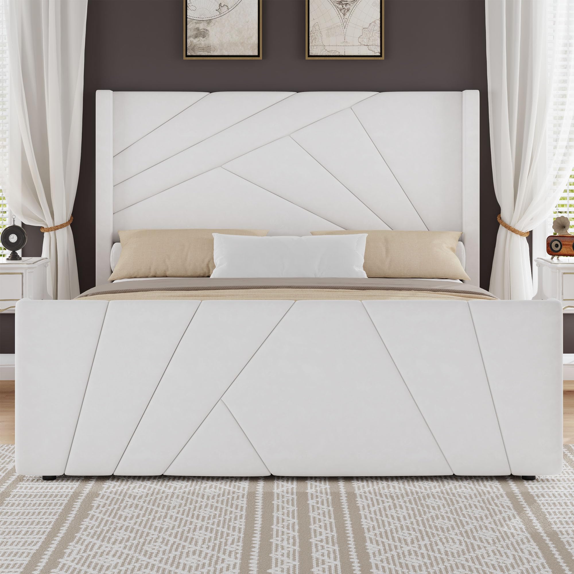 Bed Frame, Velvet Upholstered Platform Bed with Geometric Tufted Headboard