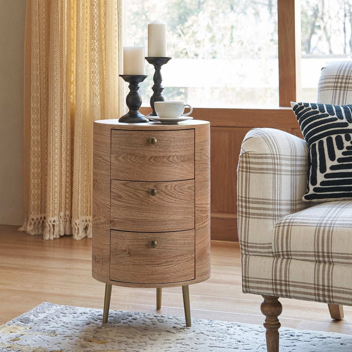Round End Table with 3 Drawers, Mid-Century Modern
