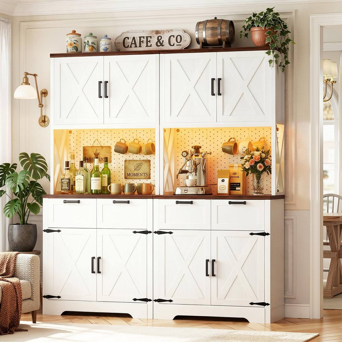 71" Tall Kitchen Pantry Cabinet with Microwave Countertop & LED Pegboard