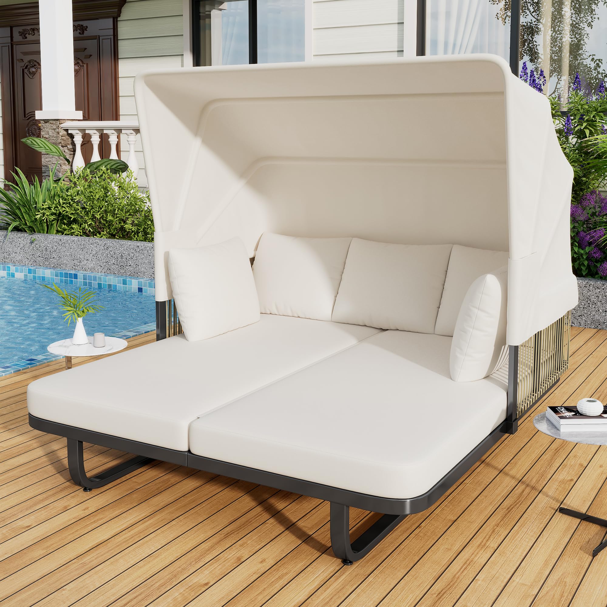 Patio Rattan Daybed with Retractable Sunshade Canopy