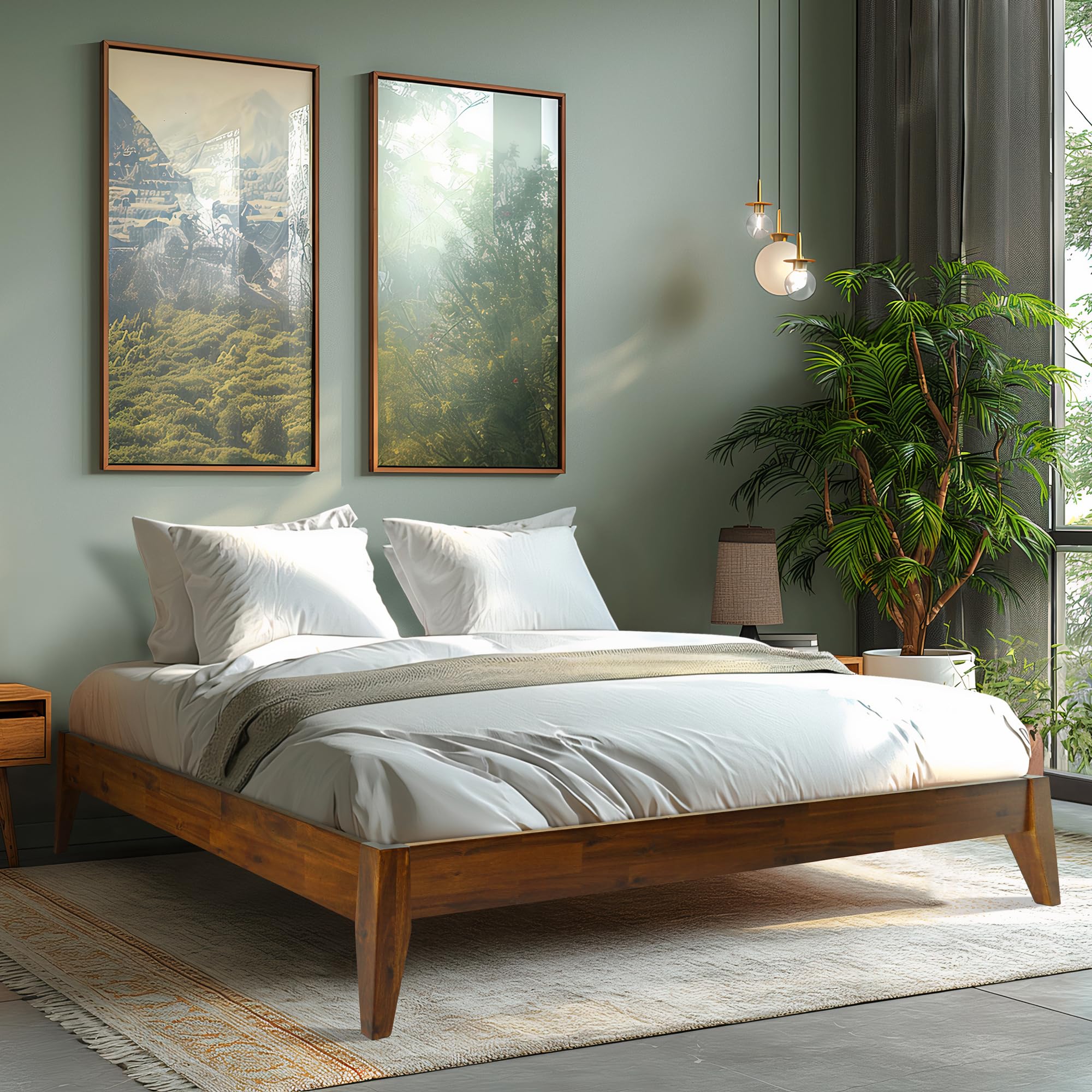 Mervyn 14 Inch Wood Platform Bed Frame Without Headboard, Queen, Caramel