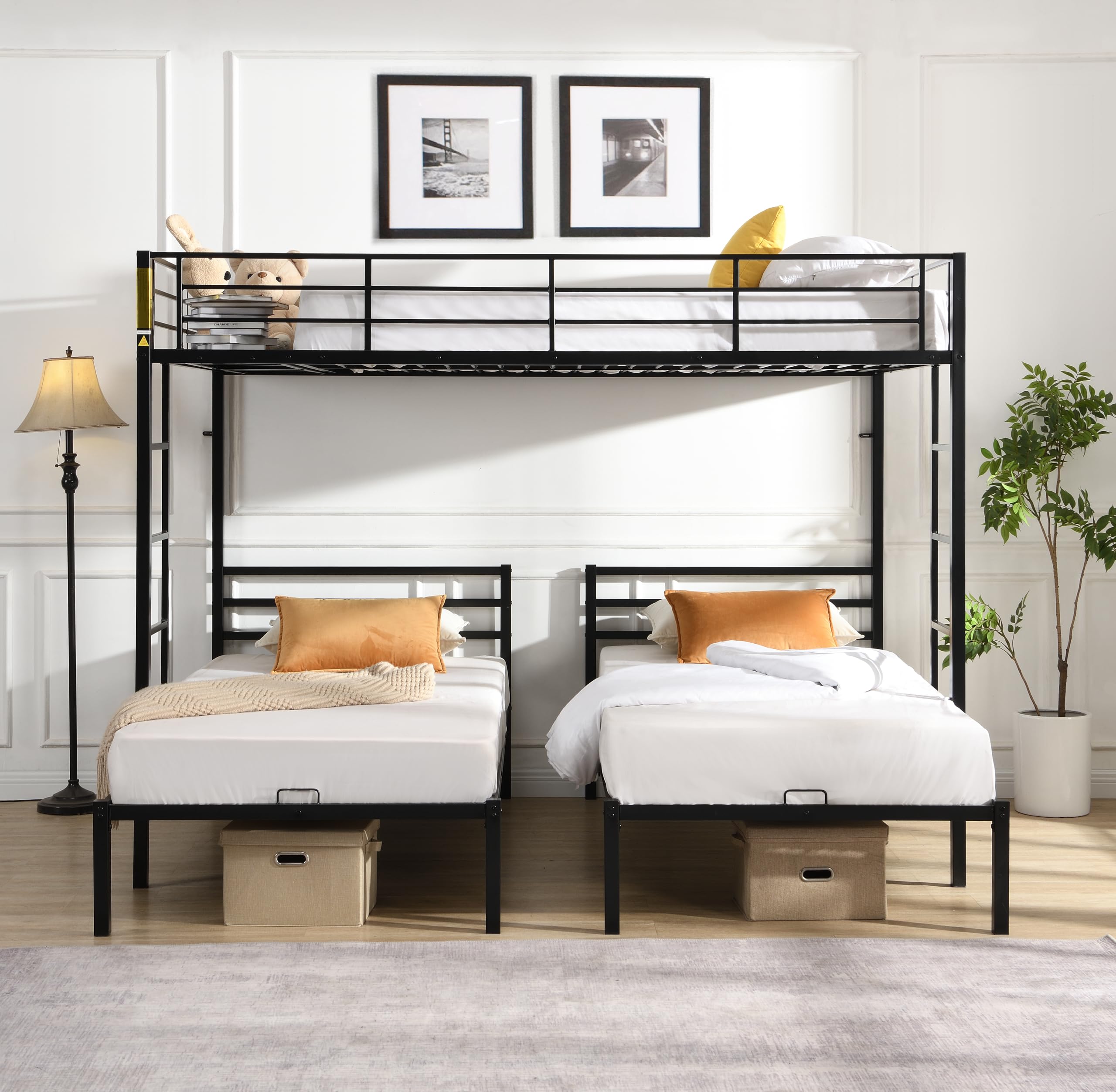 International Metal Triple Bunk Bed, Full Over Twin Over Twin, Black Frame