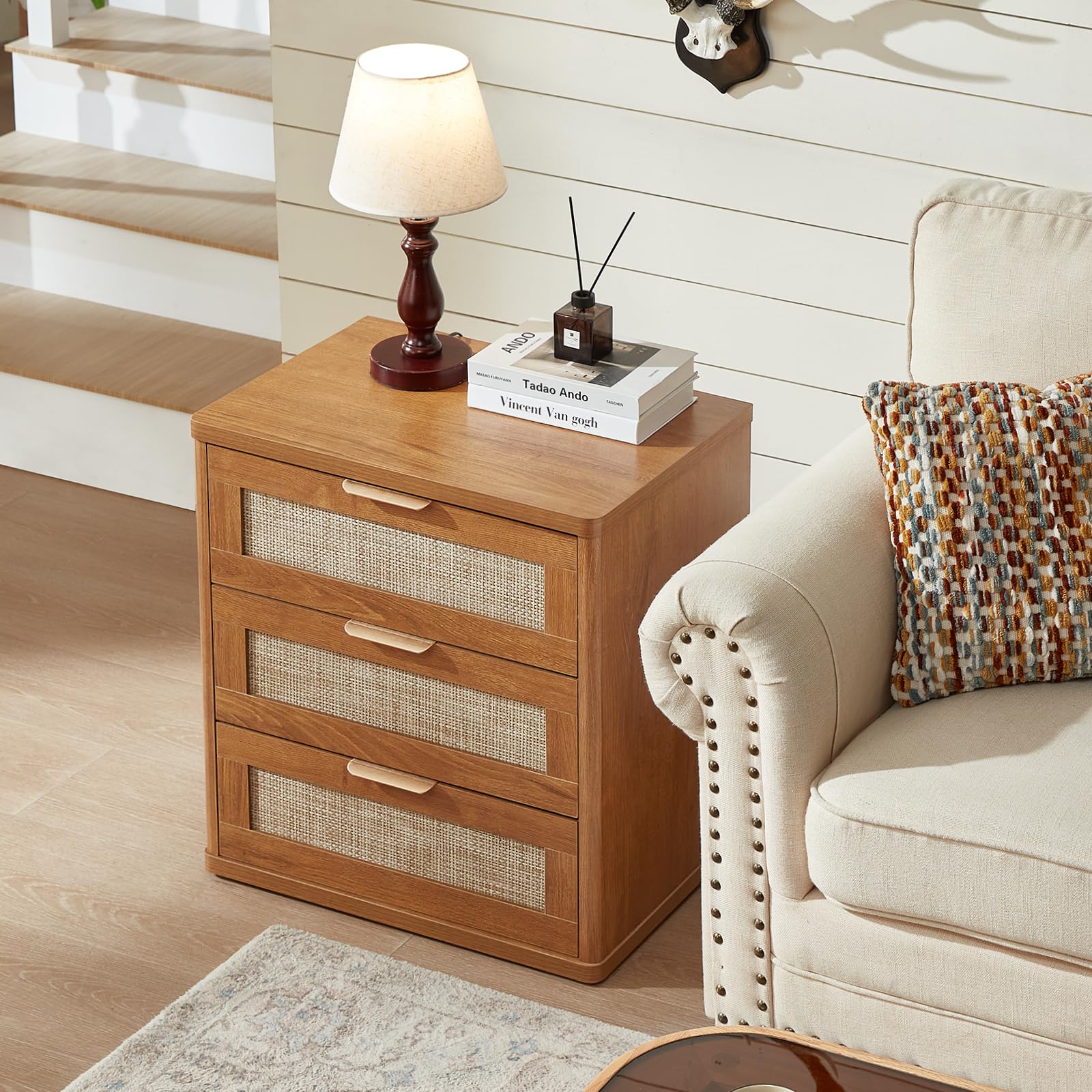 Rattan Night Stand with Drawers, 23" Large 3 Drawer Boho Nightstand