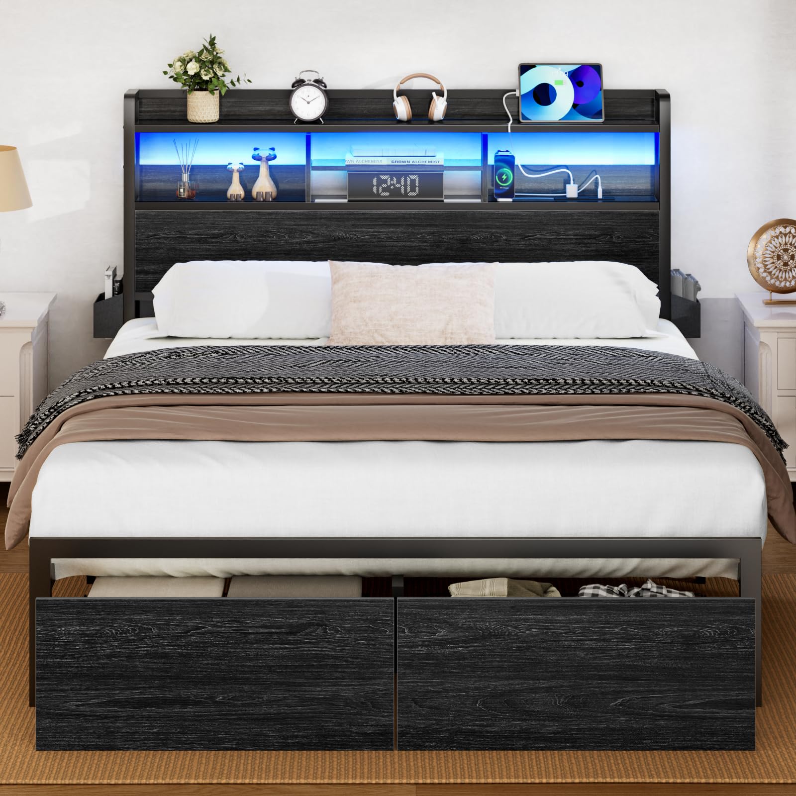Full Size Bed Frame with Wood Headboard, Metal Platform Bed Frame Full Size with Storage