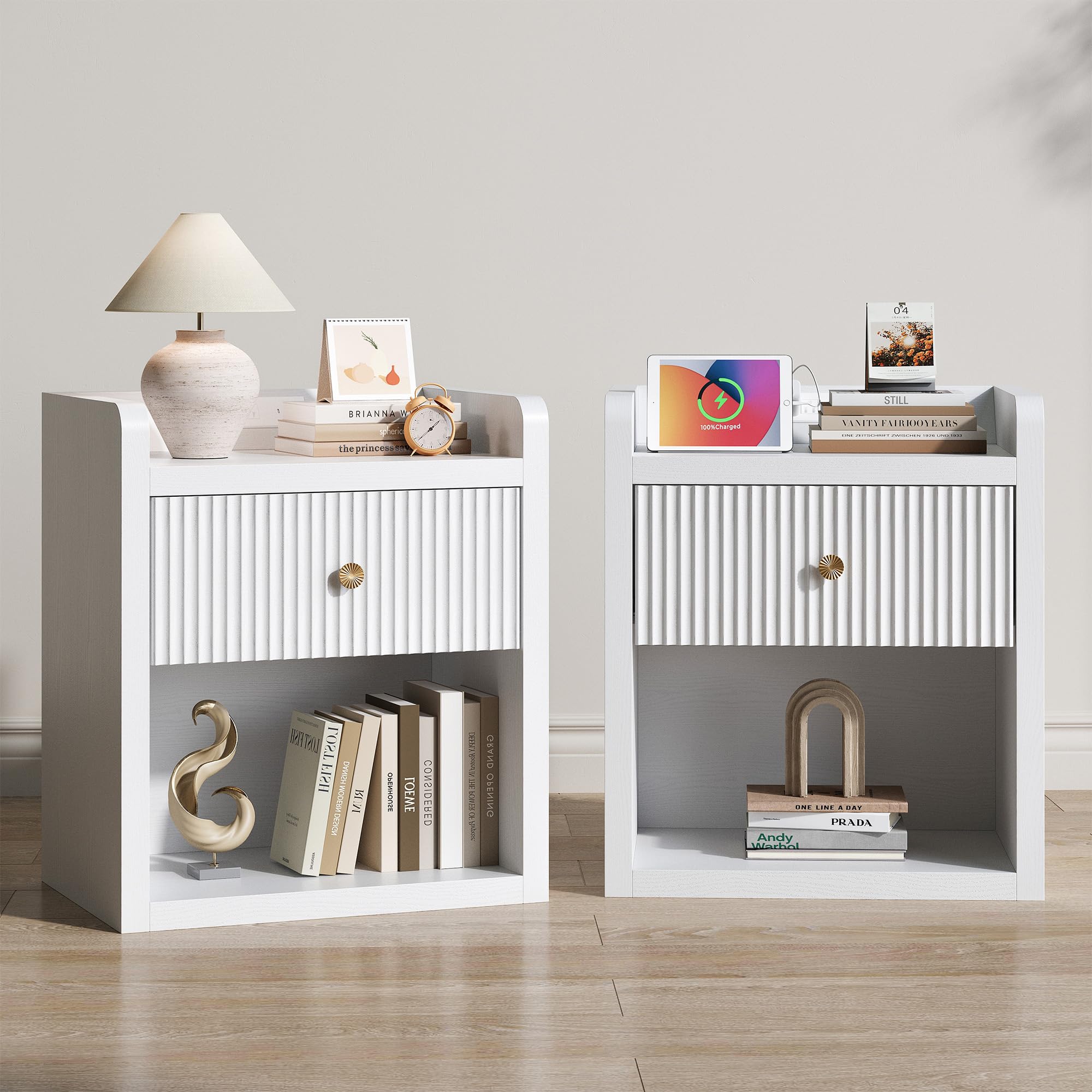 Fluted Nightstand Night Stand with Charging Station, Bedside Table with Drawer Storage