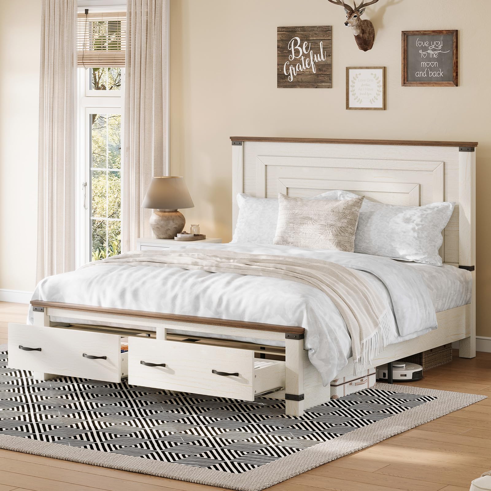 5 Pieces Farmhouse Bedroom Set, Includes Wood Rustic Queen Bed Frame