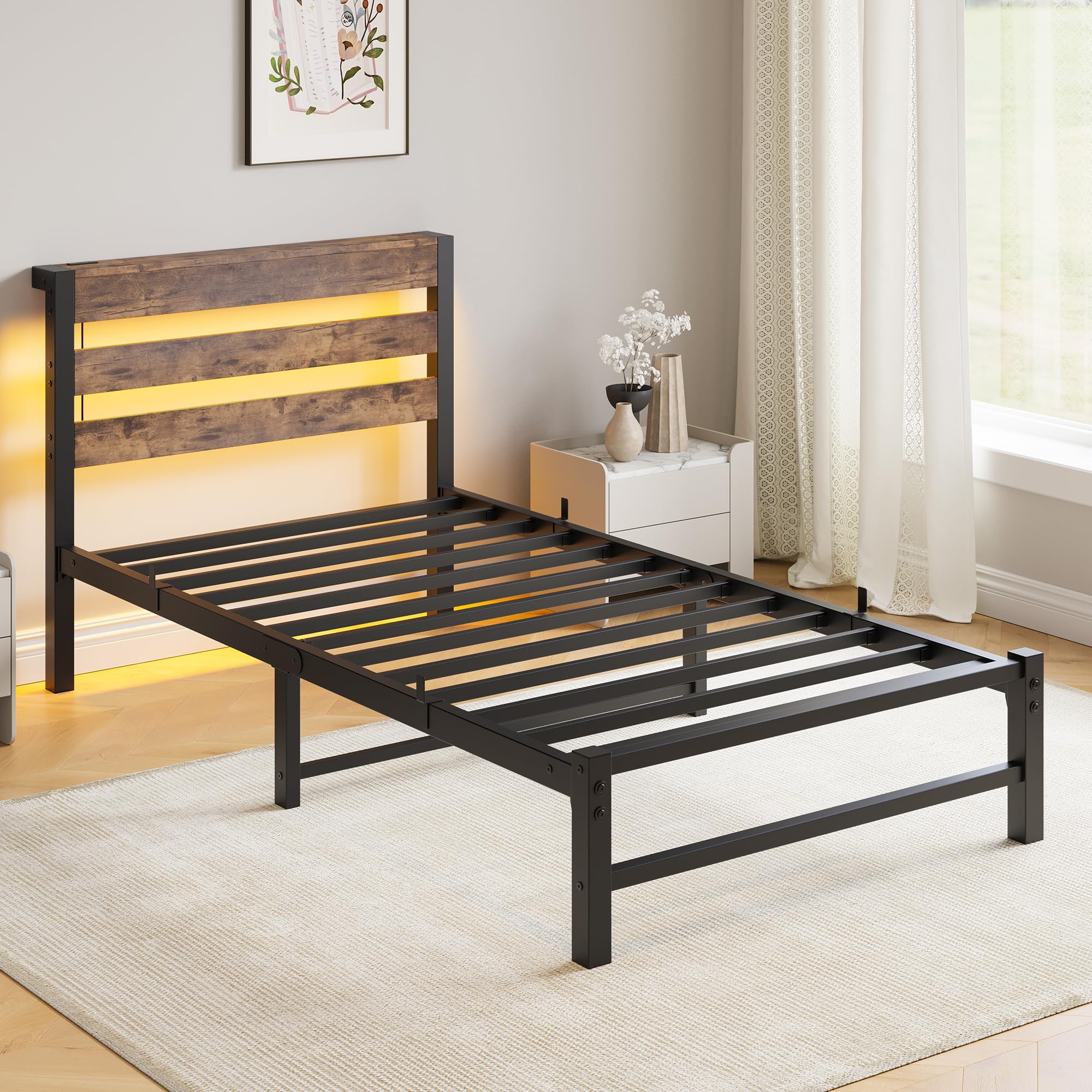 twin Size Bed with Headboard,USB Charging Station